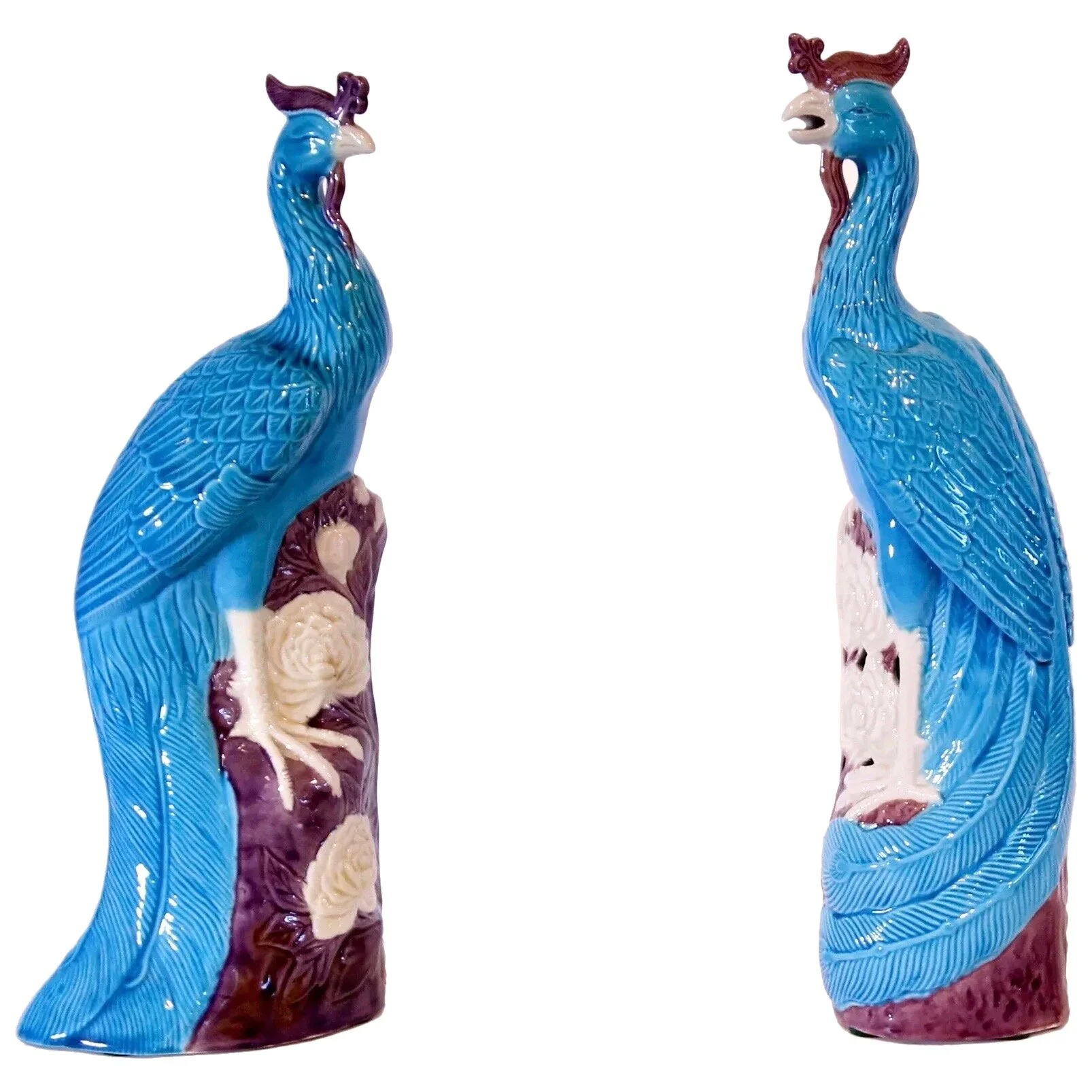 Pair of Turquoise and Manganese Glazed Chinese Porcelain Ho-Ho Birds or Phoenixes