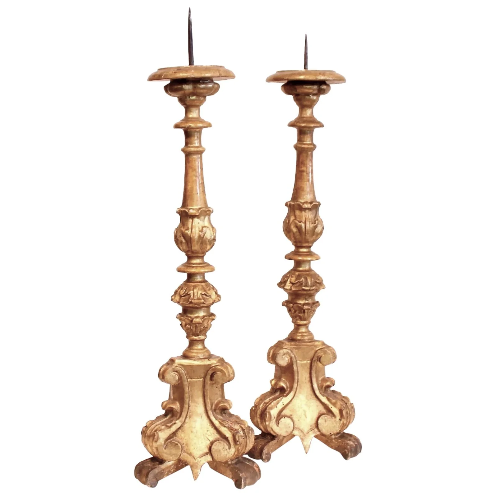 Pair of Fine Italian Carved Giltwood Prickets, 18th Century