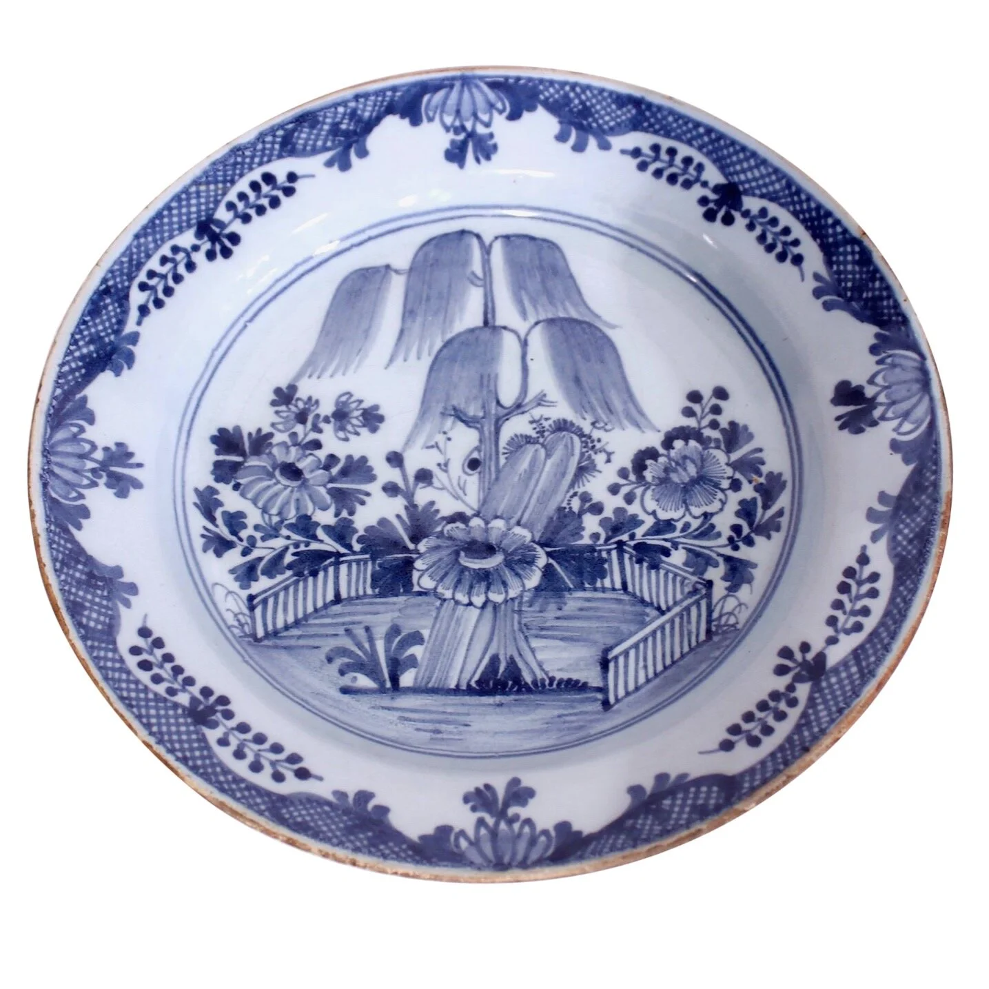Large English Delft Blue and White Faience Charger With Willow Tree
