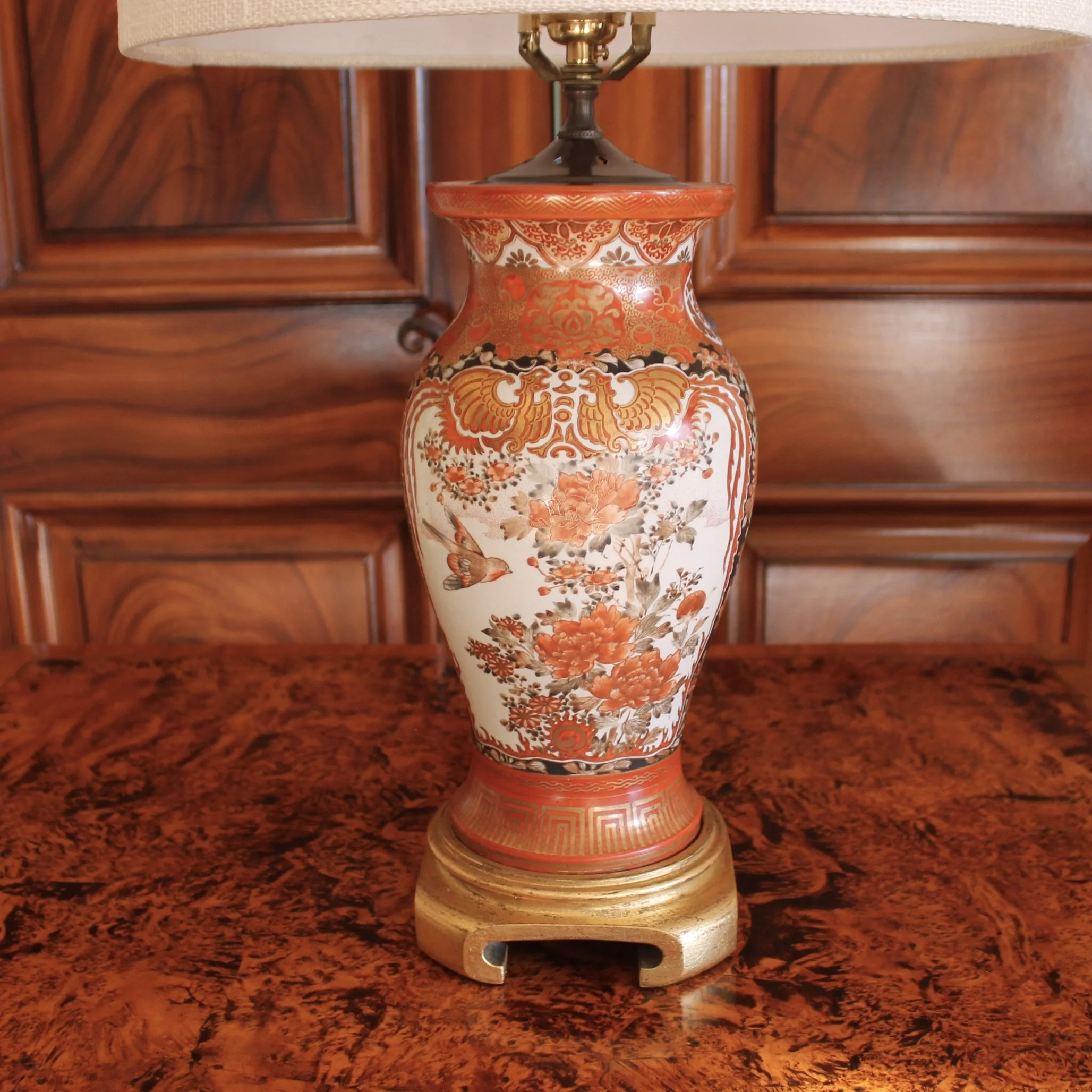 Pair Antique Japanese Kutani Porcelain Vase Lamps