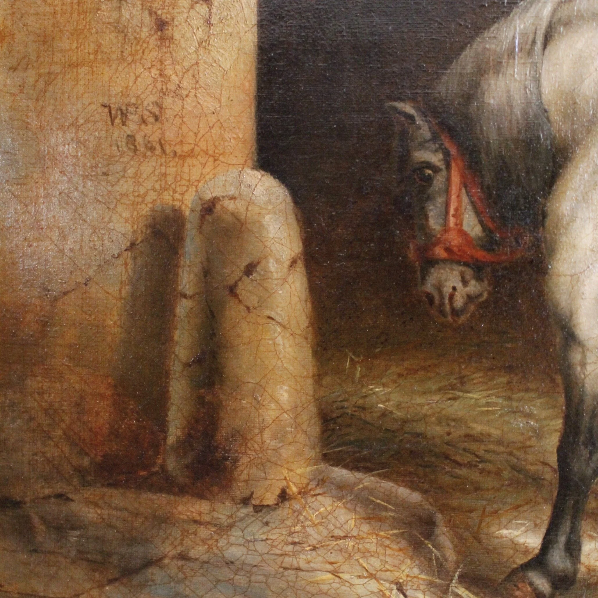 Into the Stables,” Oil on Canvas of Horses and a Stable Lad