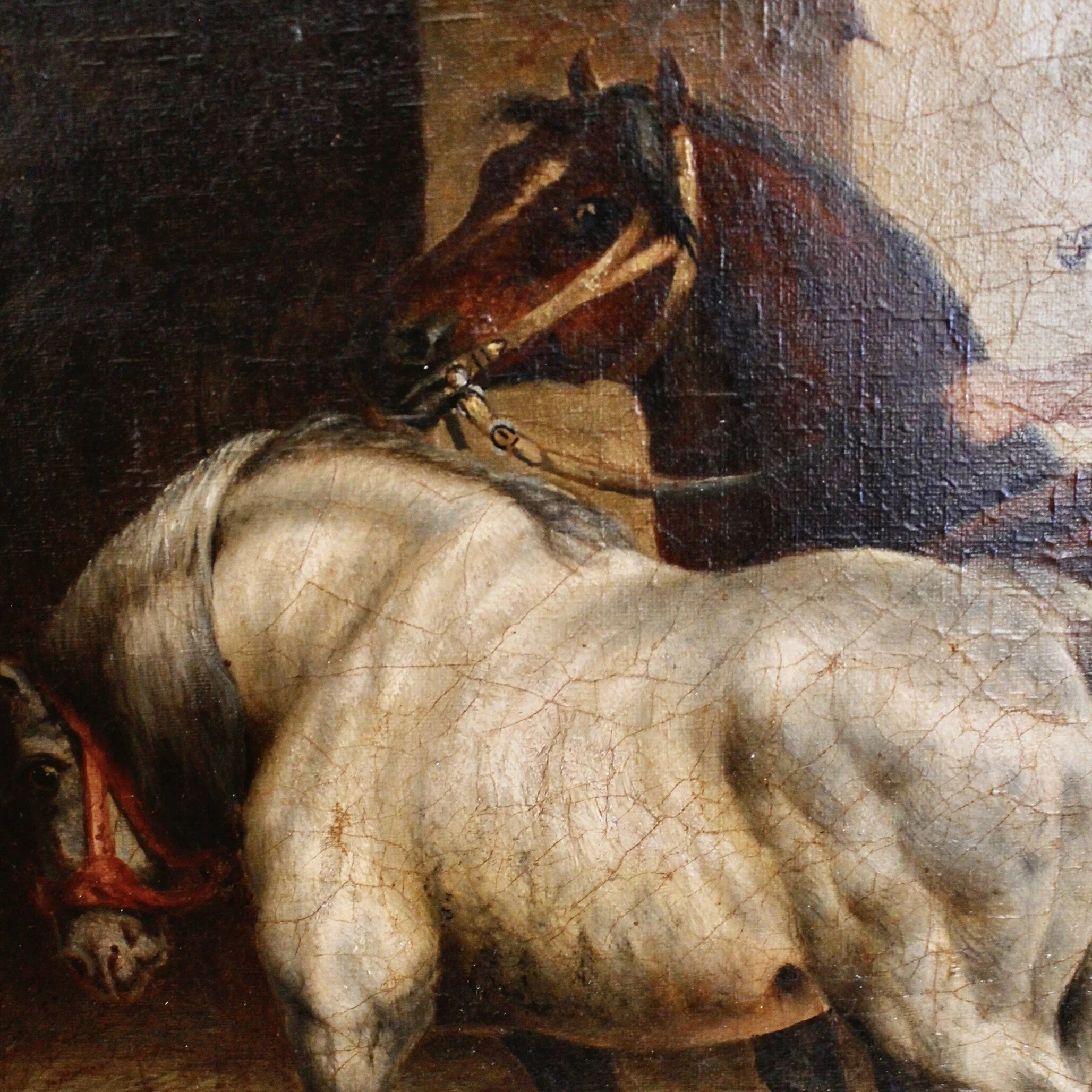 Into the Stables,” Oil on Canvas of Horses and a Stable Lad