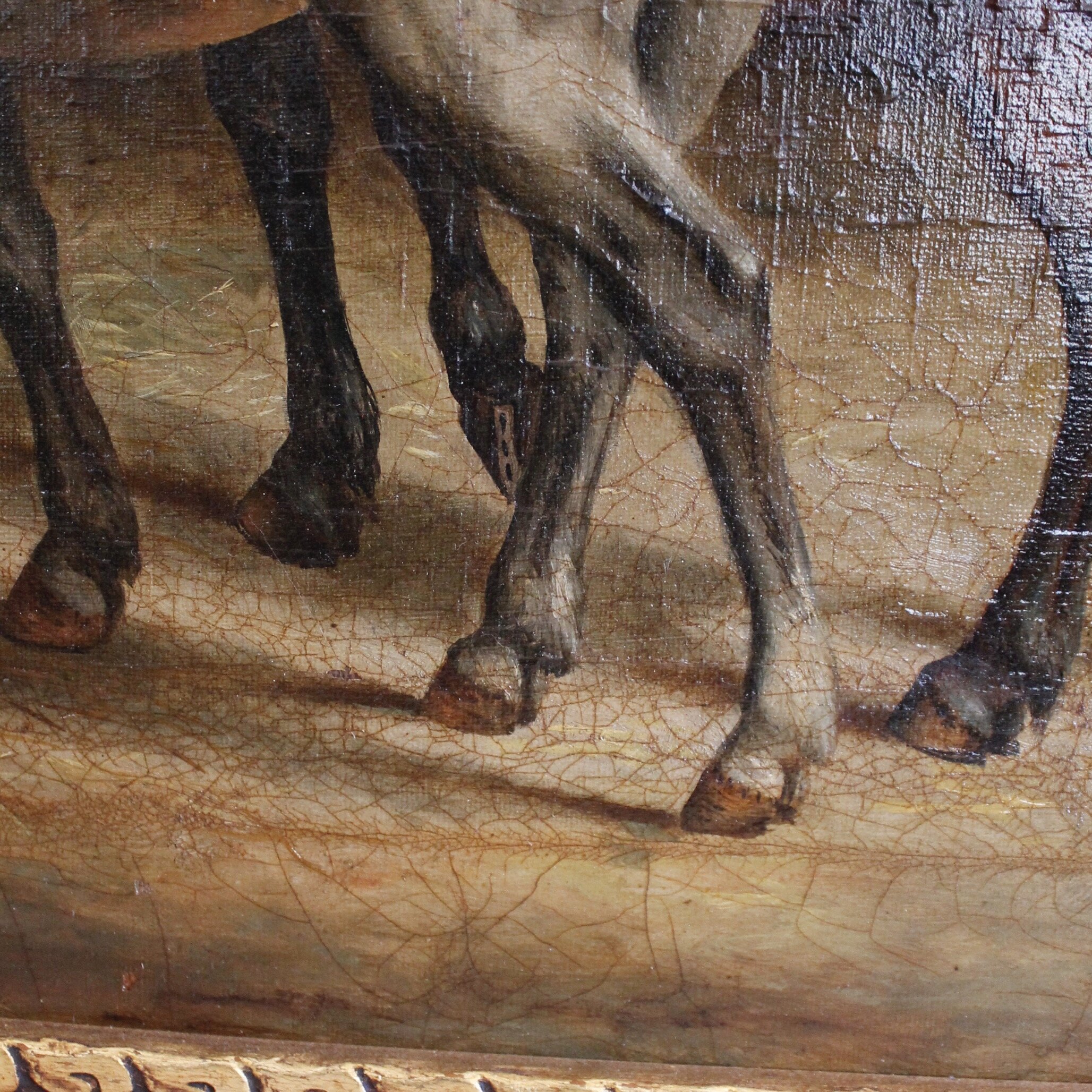 Into the Stables,” Oil on Canvas of Horses and a Stable Lad