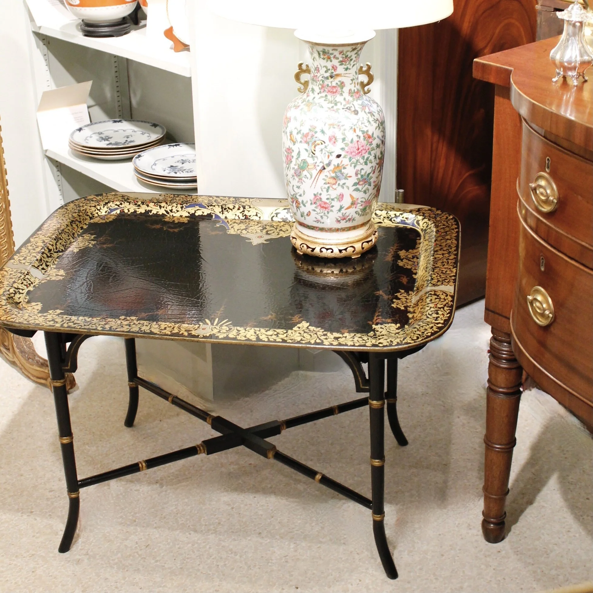 English Papier Mâché Painted and Gilded Tray Table, 19th Century