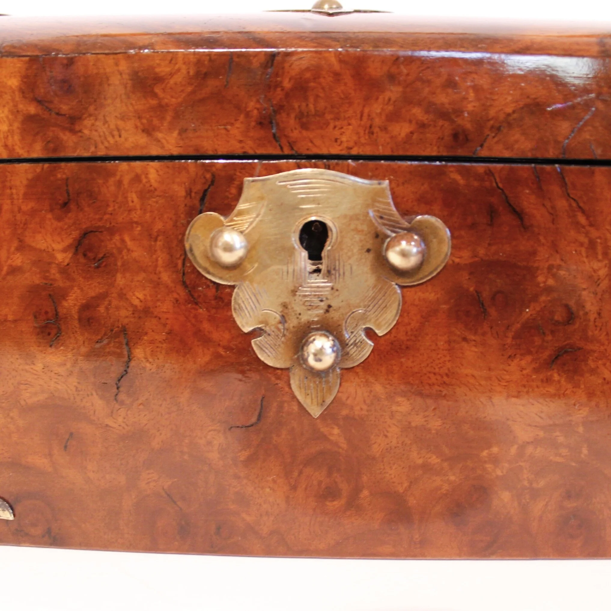 English Burl Walnut Tea Caddy with Decorative Brass Mounts