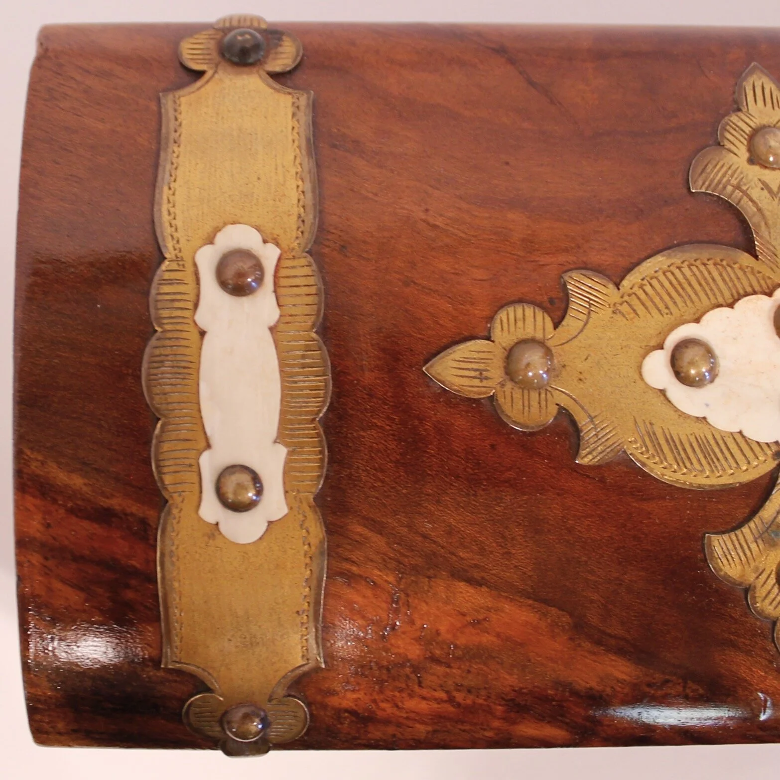 English Burl Walnut Tea Caddy with Decorative Brass Mounts