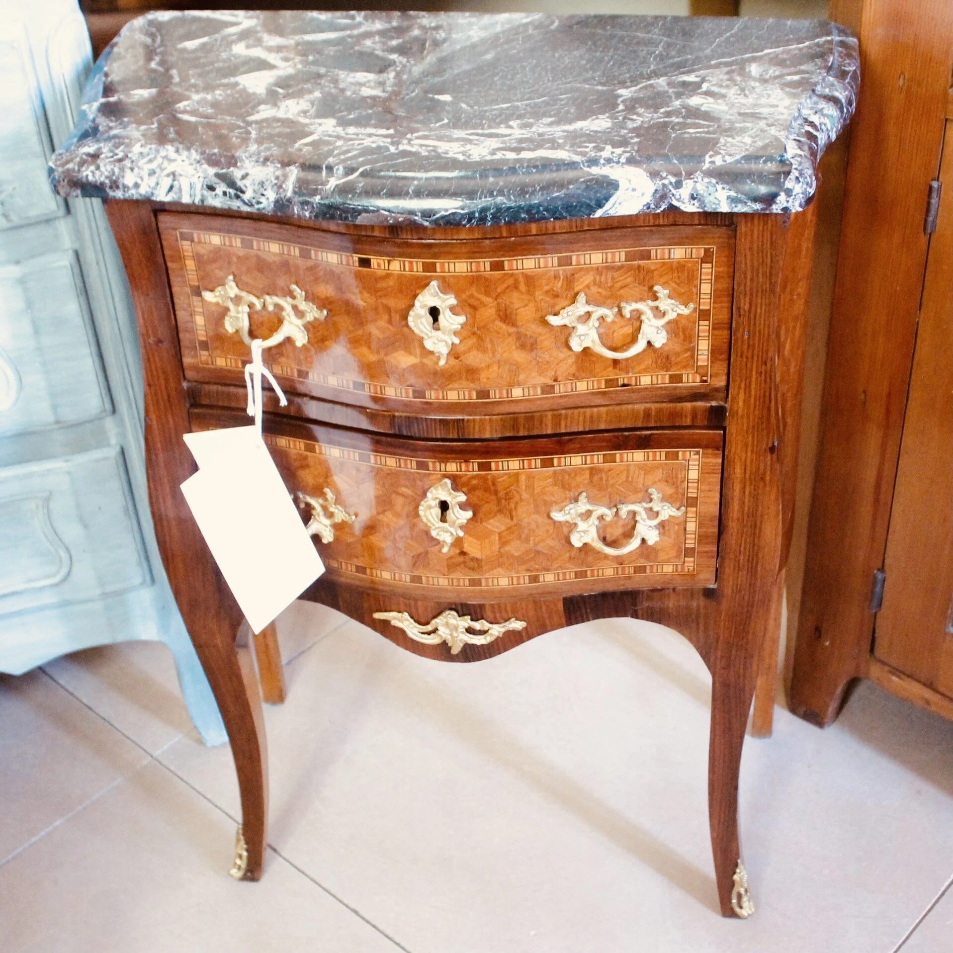 Louis XV Style Parquetry Marble Topped Mini Commode/Side Table
