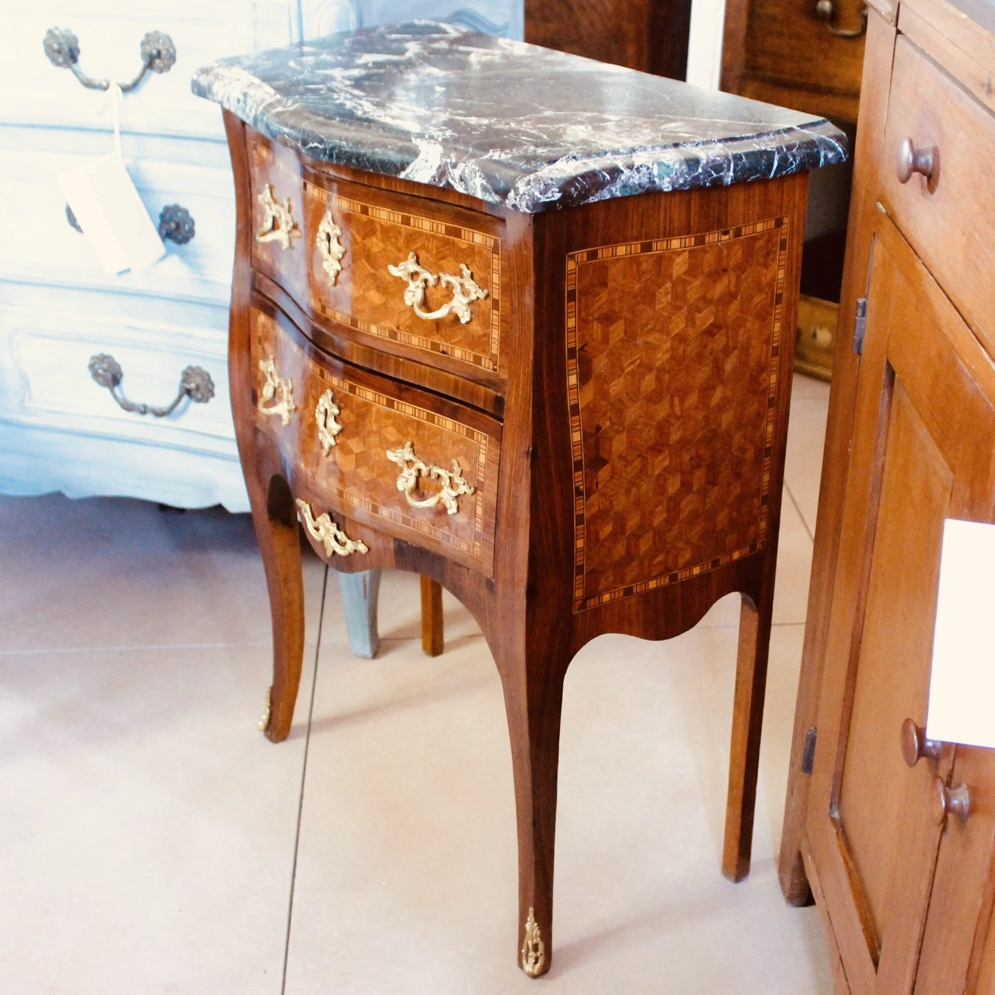 Louis XV Style Parquetry Marble Topped Mini Commode/Side Table