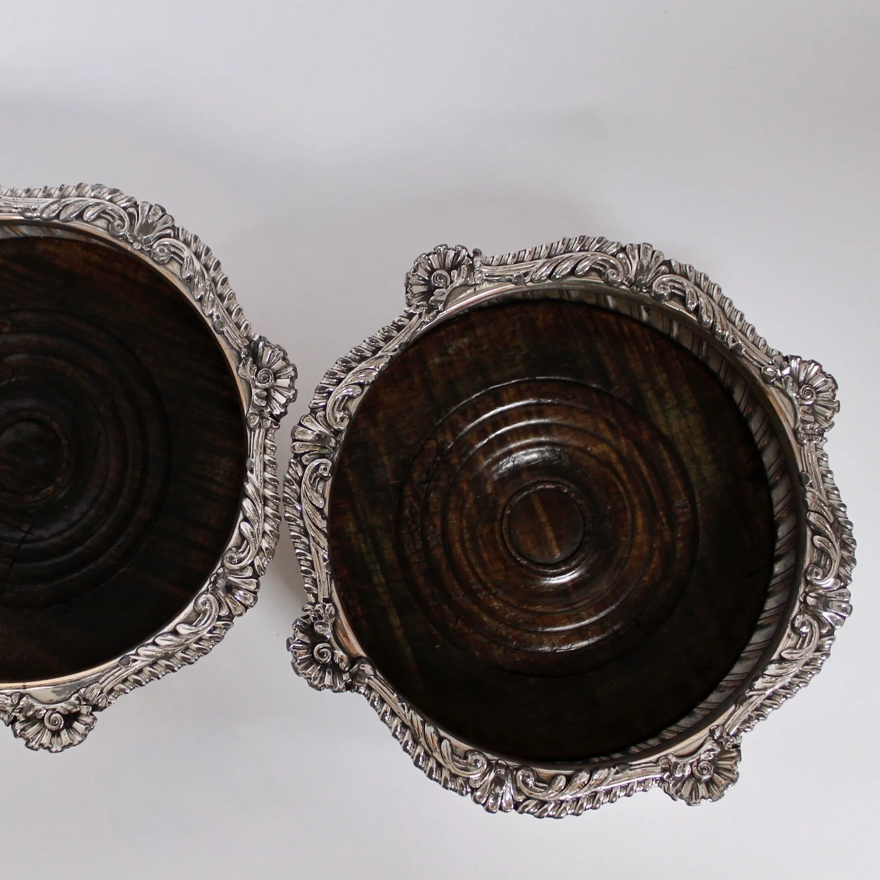Pair of Antique English Silver on Copper Gadrooned Wine Coasters