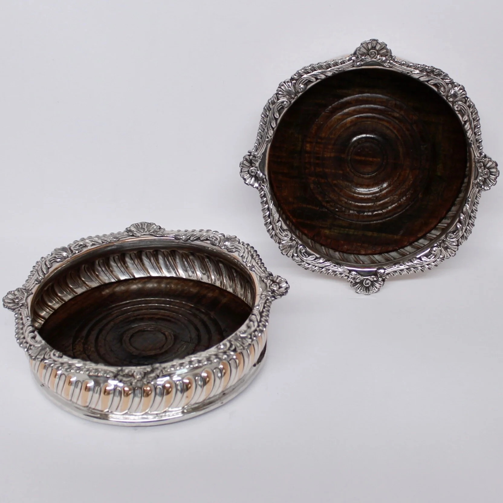Pair of Antique English Silver on Copper Gadrooned Wine Coasters