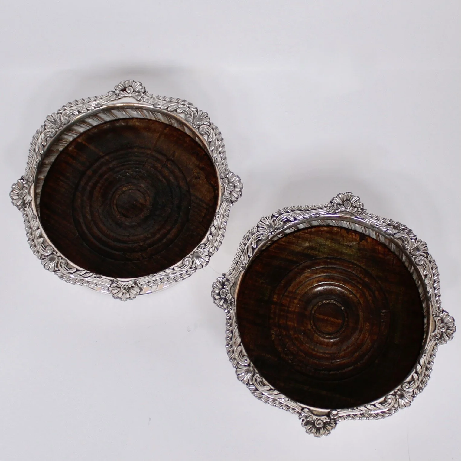 Pair of Antique English Silver on Copper Gadrooned Wine Coasters