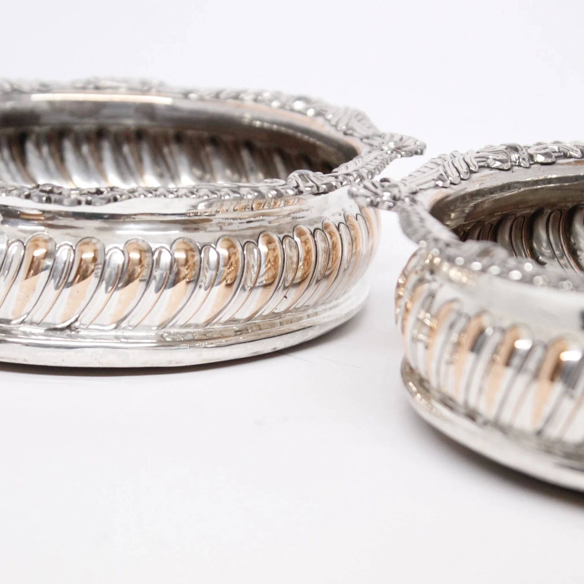 Pair of Antique English Silver on Copper Gadrooned Wine Coasters