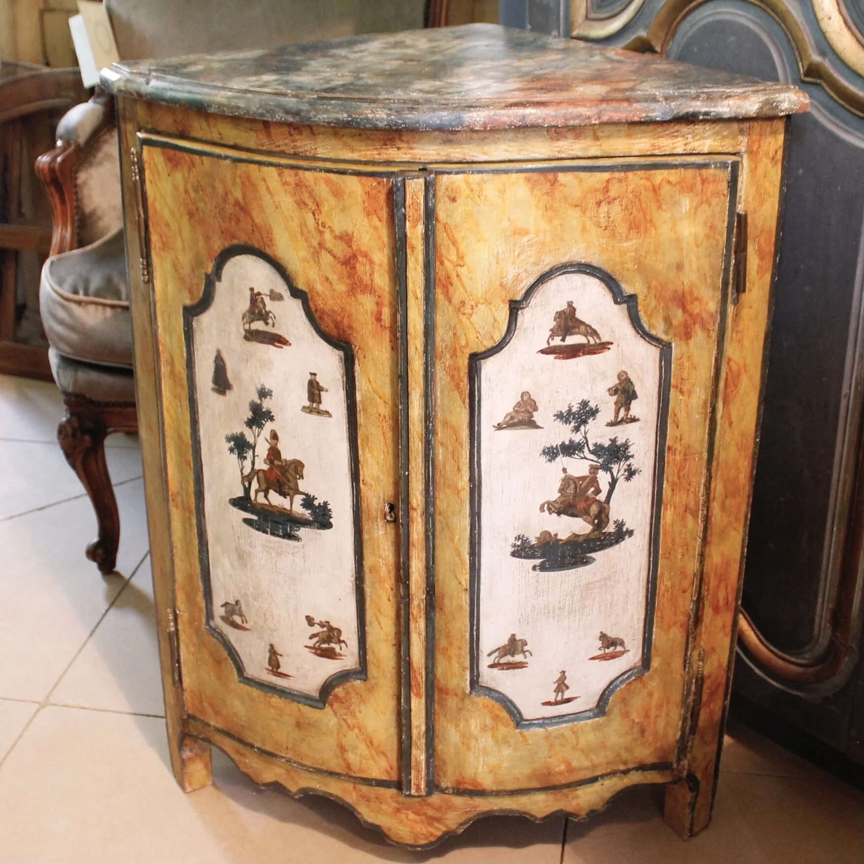 Continental Painted and Lacca Povera Decorated Corner Cabinet