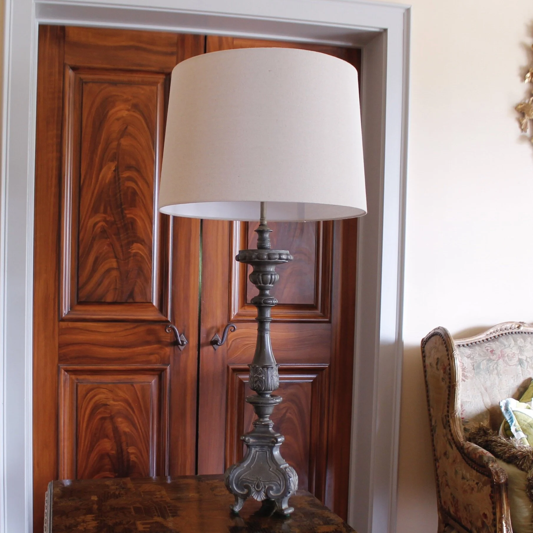 Pair of Antique Continental Baroque Pewter Pricket Lamps