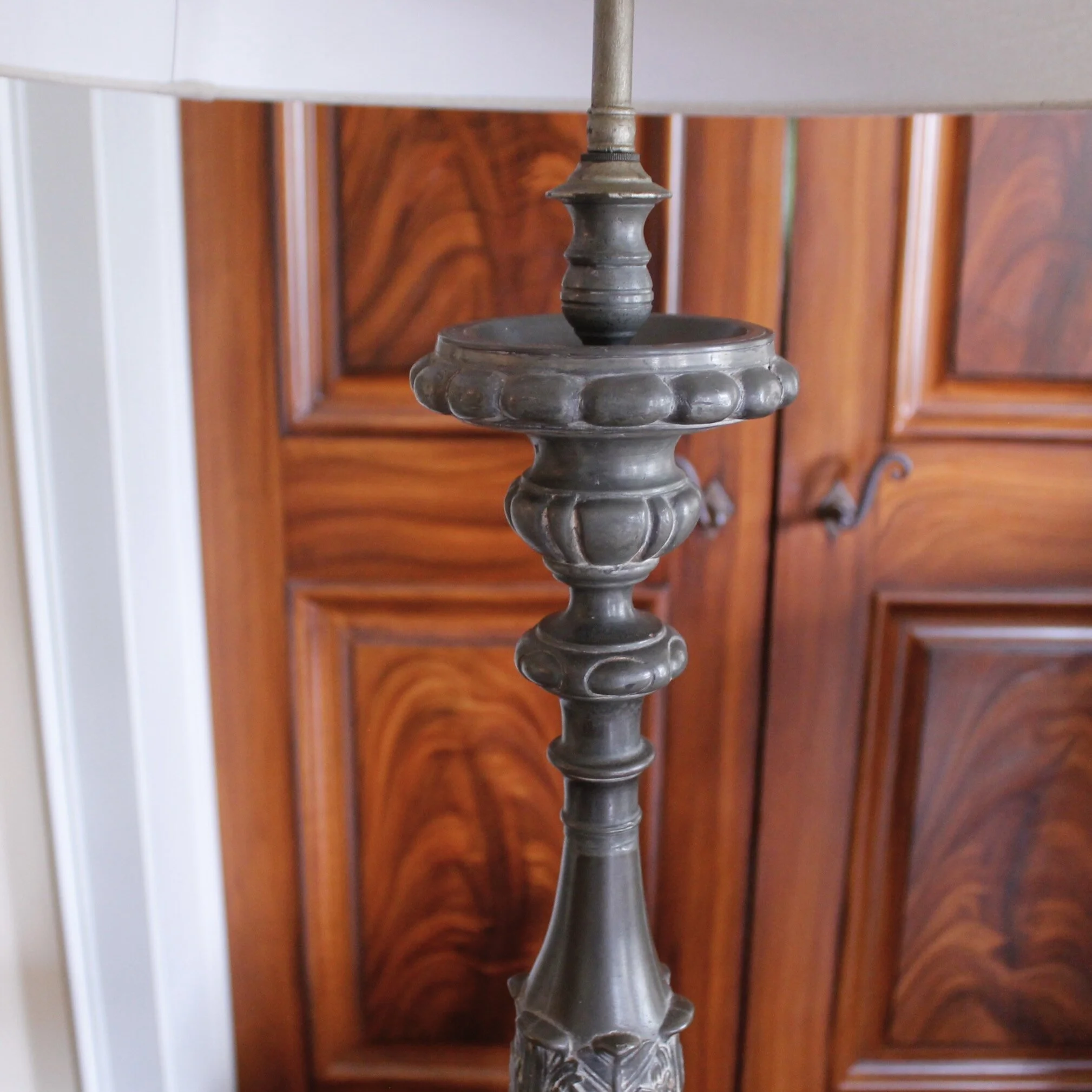 Pair of Antique Continental Baroque Pewter Pricket Lamps
