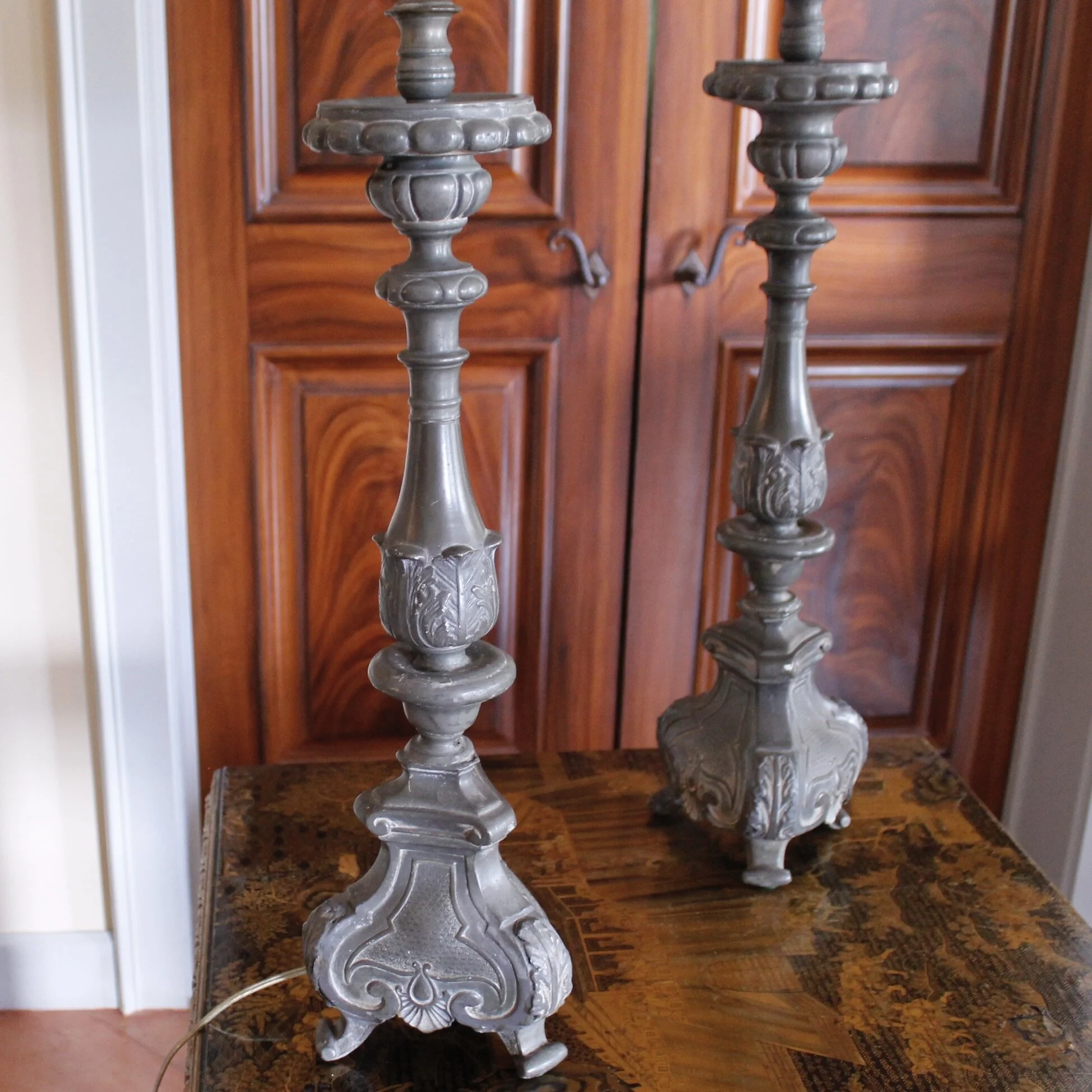 Pair of Antique Continental Baroque Pewter Pricket Lamps