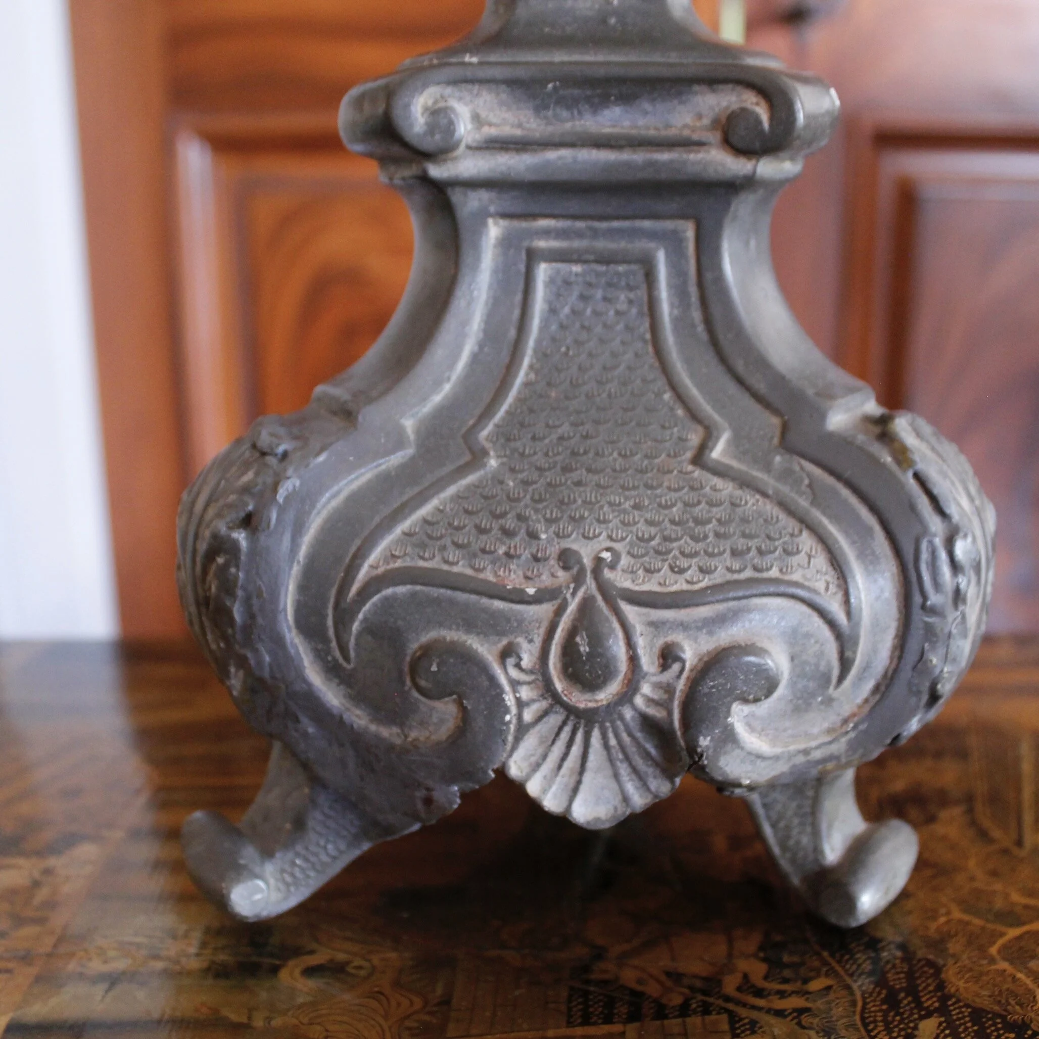 Pair of Antique Continental Baroque Pewter Pricket Lamps