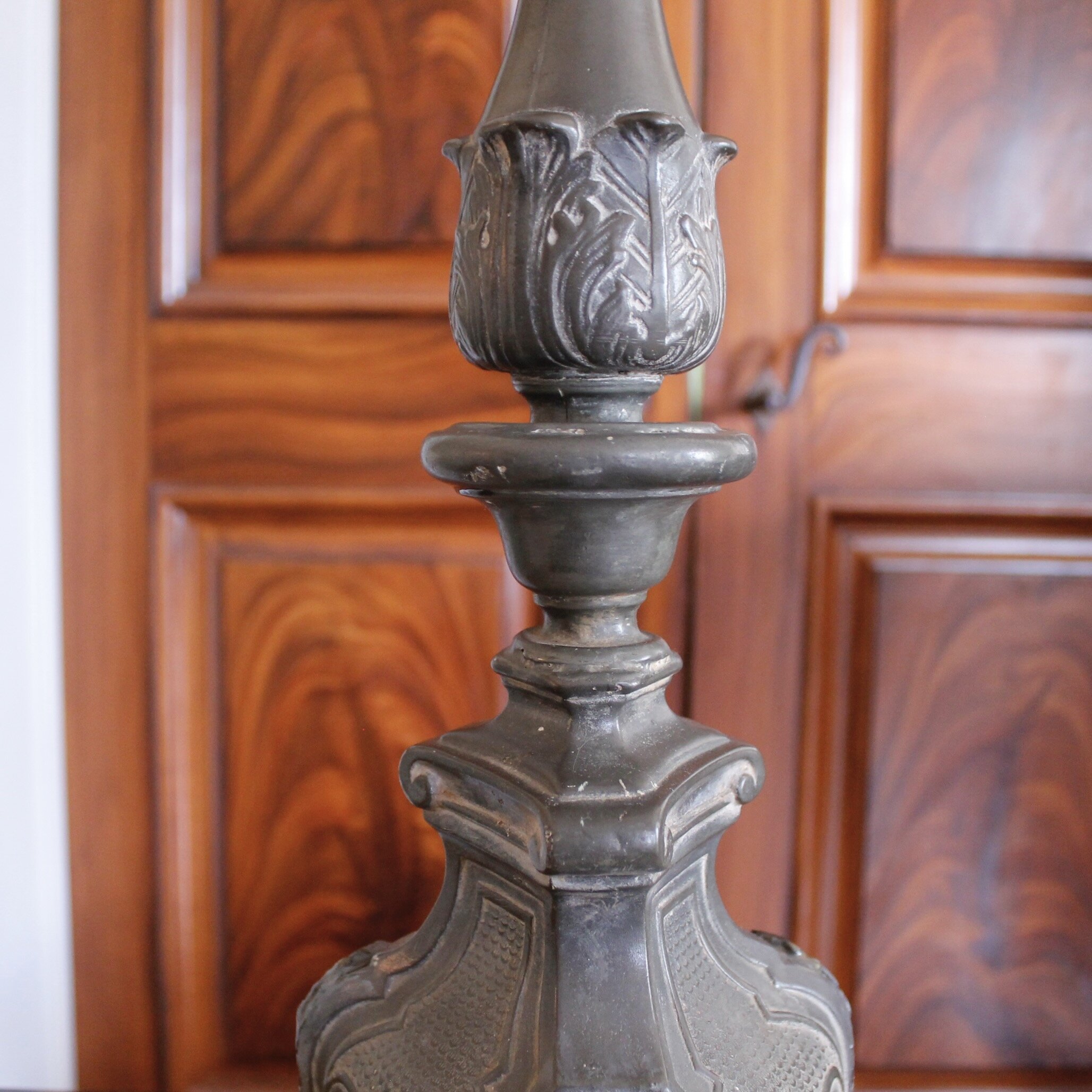 Pair of Antique Continental Baroque Pewter Pricket Lamps