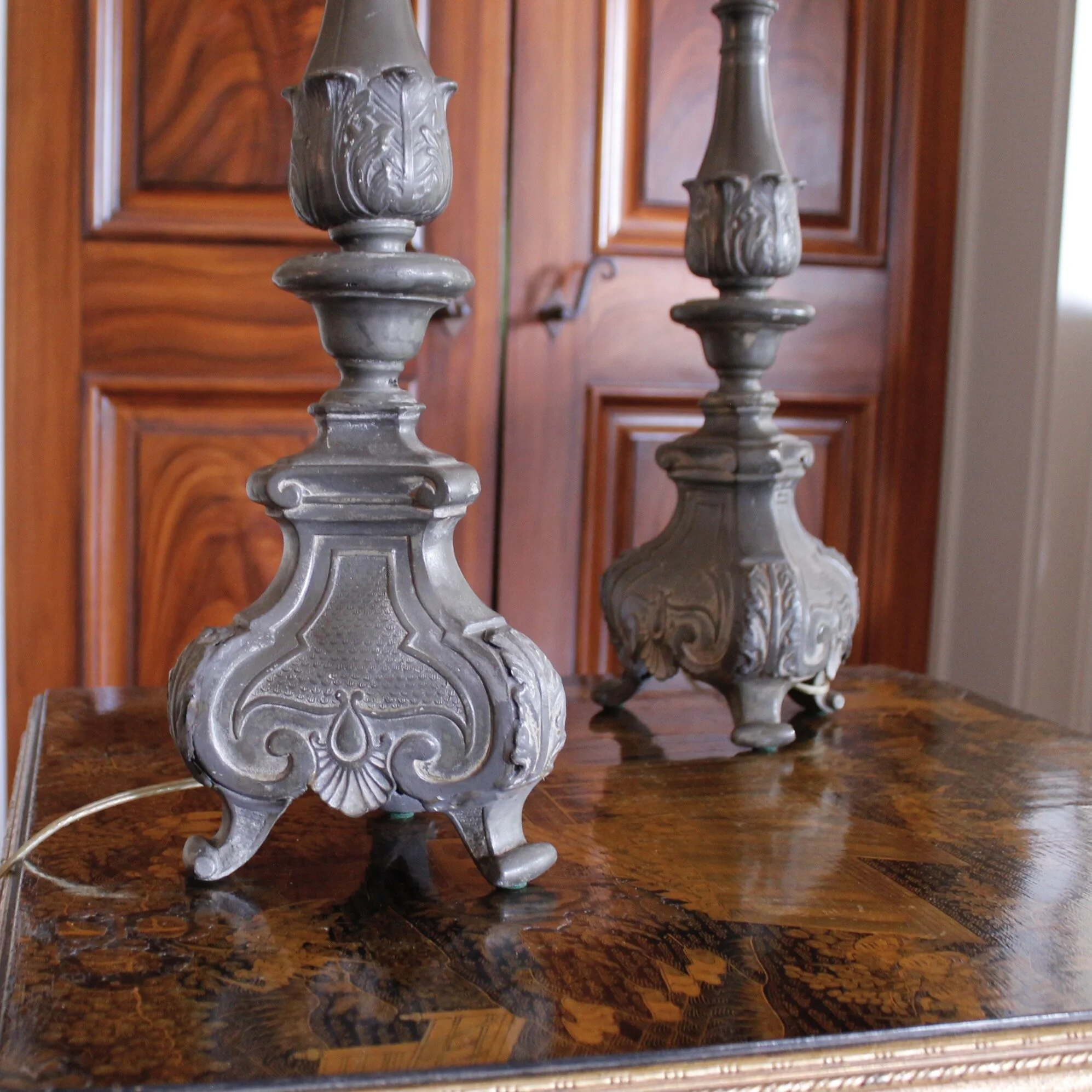 Pair of Antique Continental Baroque Pewter Pricket Lamps