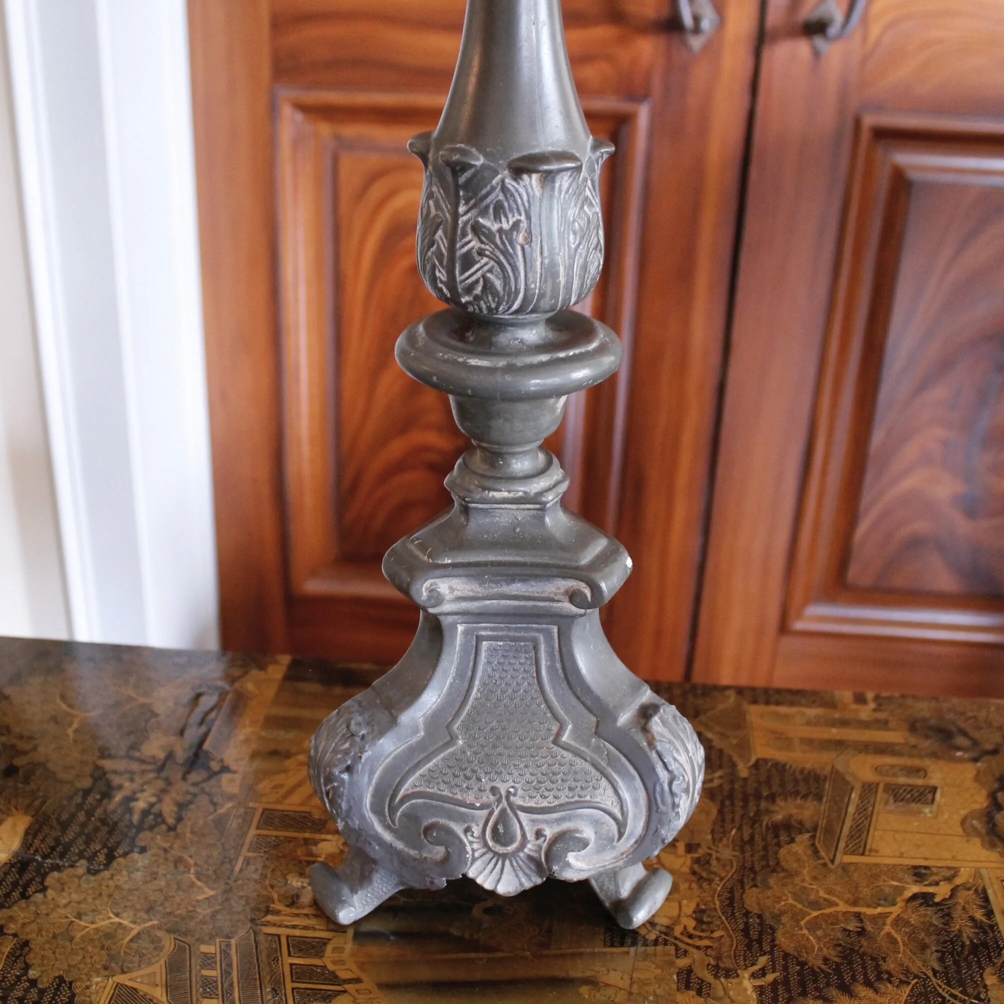 Pair of Antique Continental Baroque Pewter Pricket Lamps