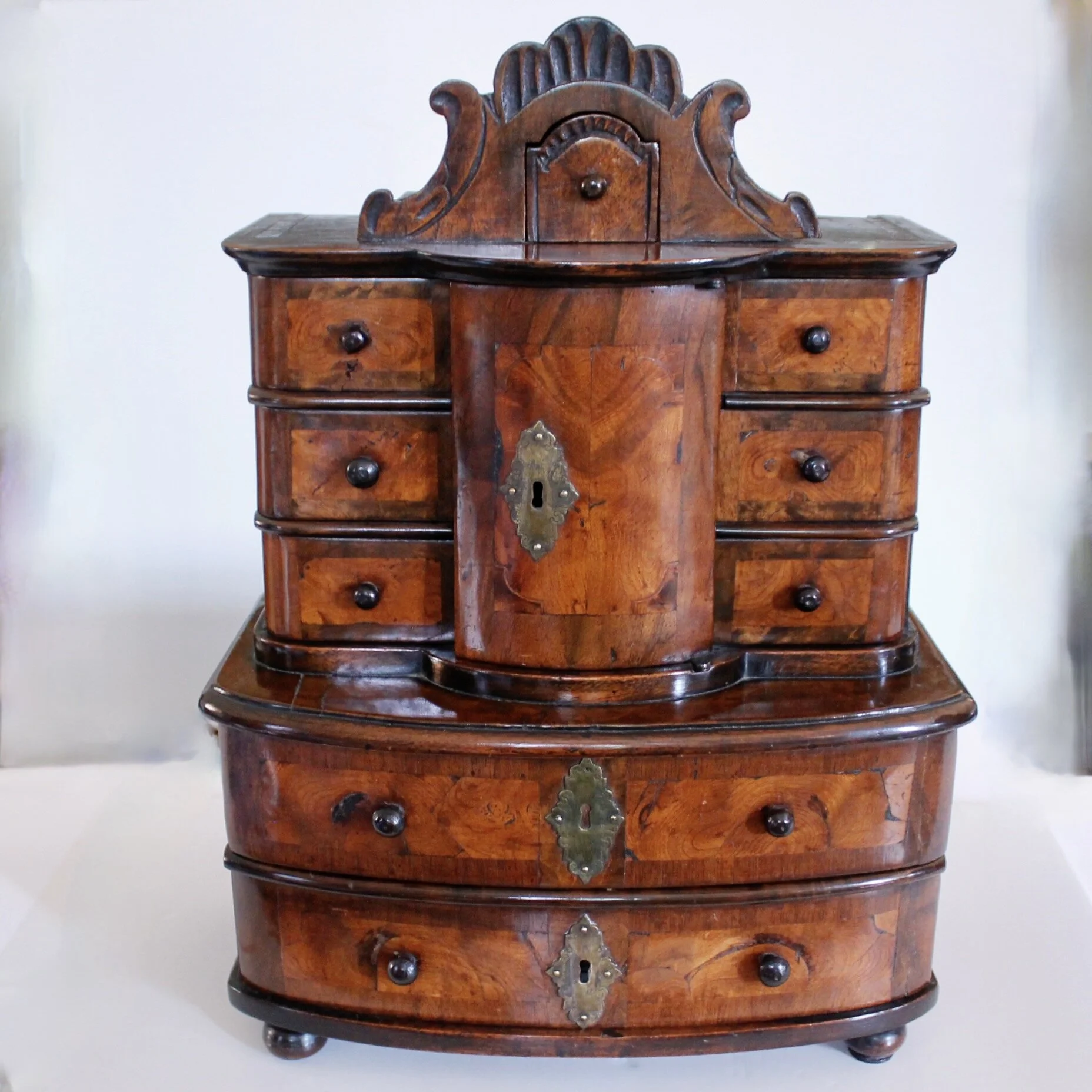 Antique Miniature German Baroque Marquetry Chest on Chest