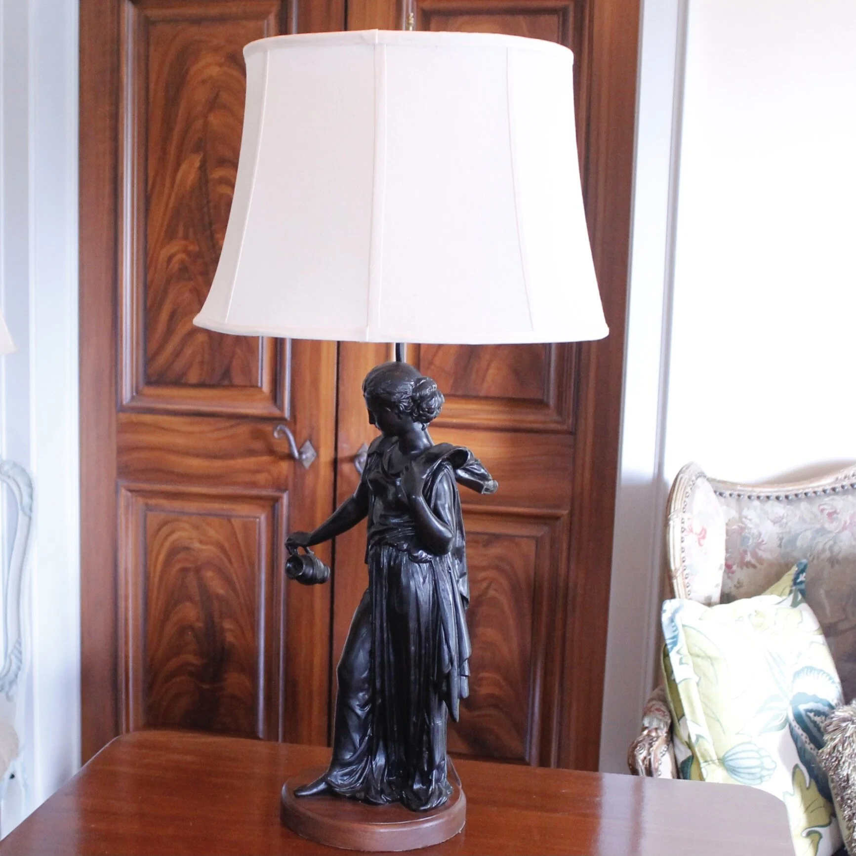 Pair of French Neoclassical Figure Lamps on Solid Walnut Plinths