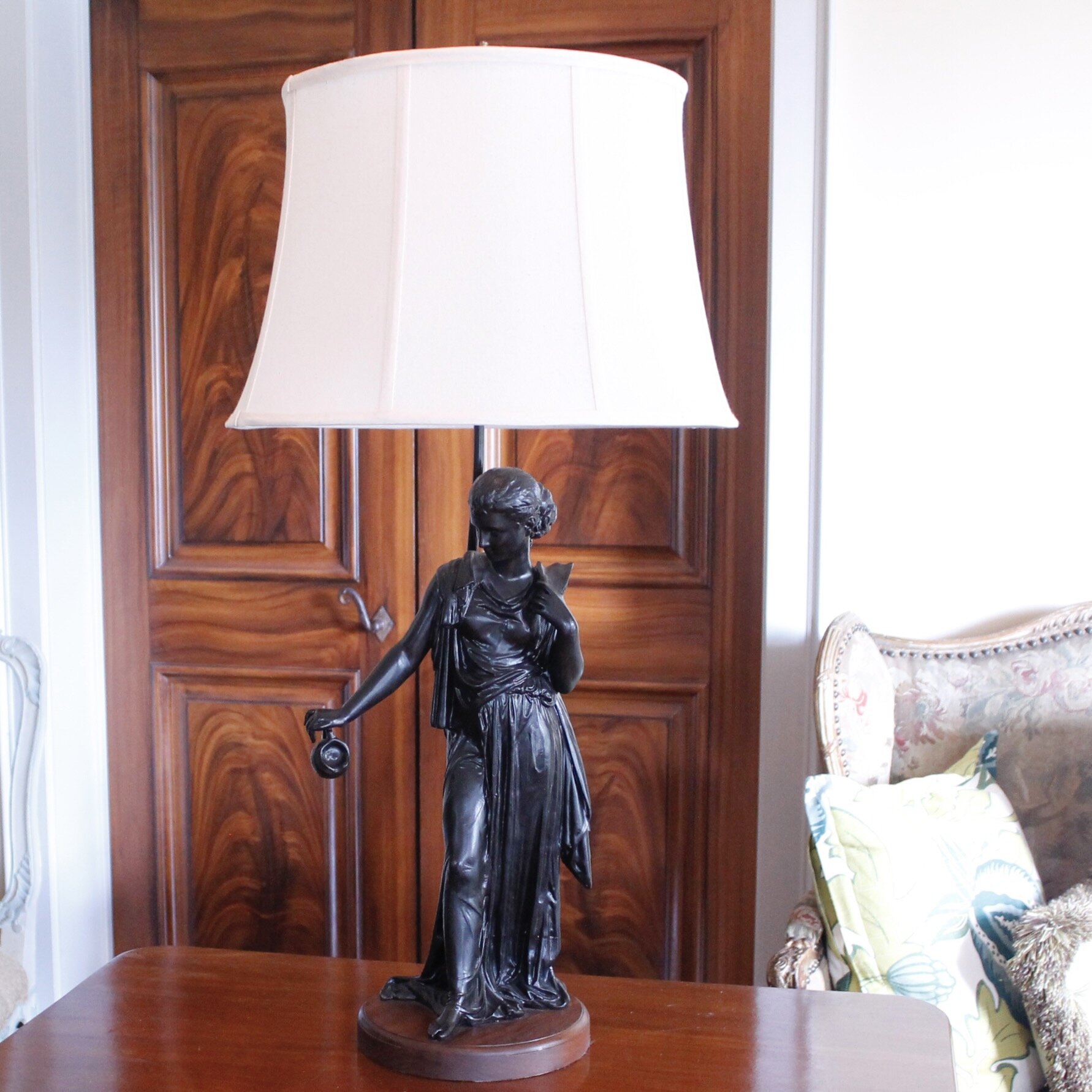 Pair of French Neoclassical Figure Lamps on Solid Walnut Plinths