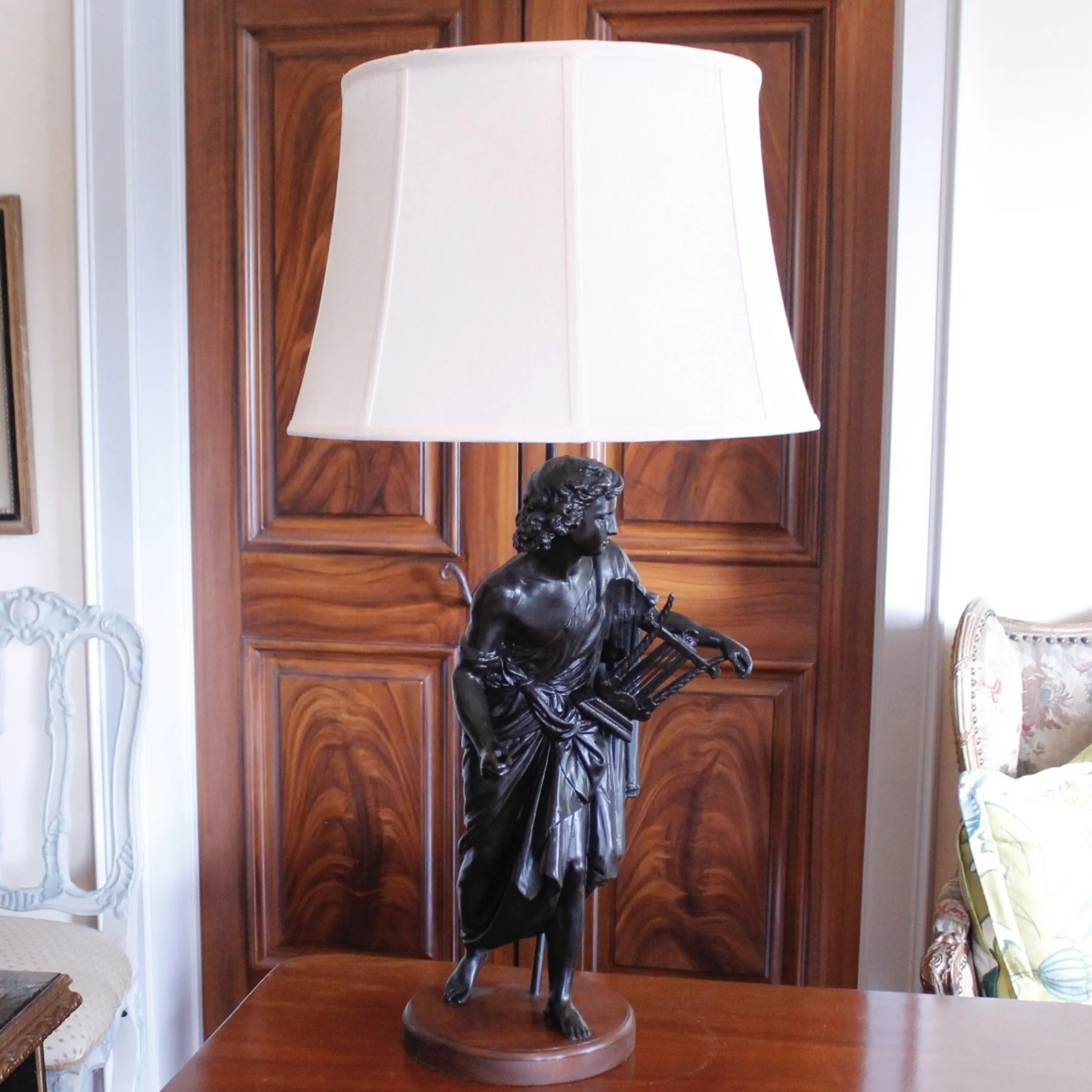 Pair of French Neoclassical Figure Lamps on Solid Walnut Plinths