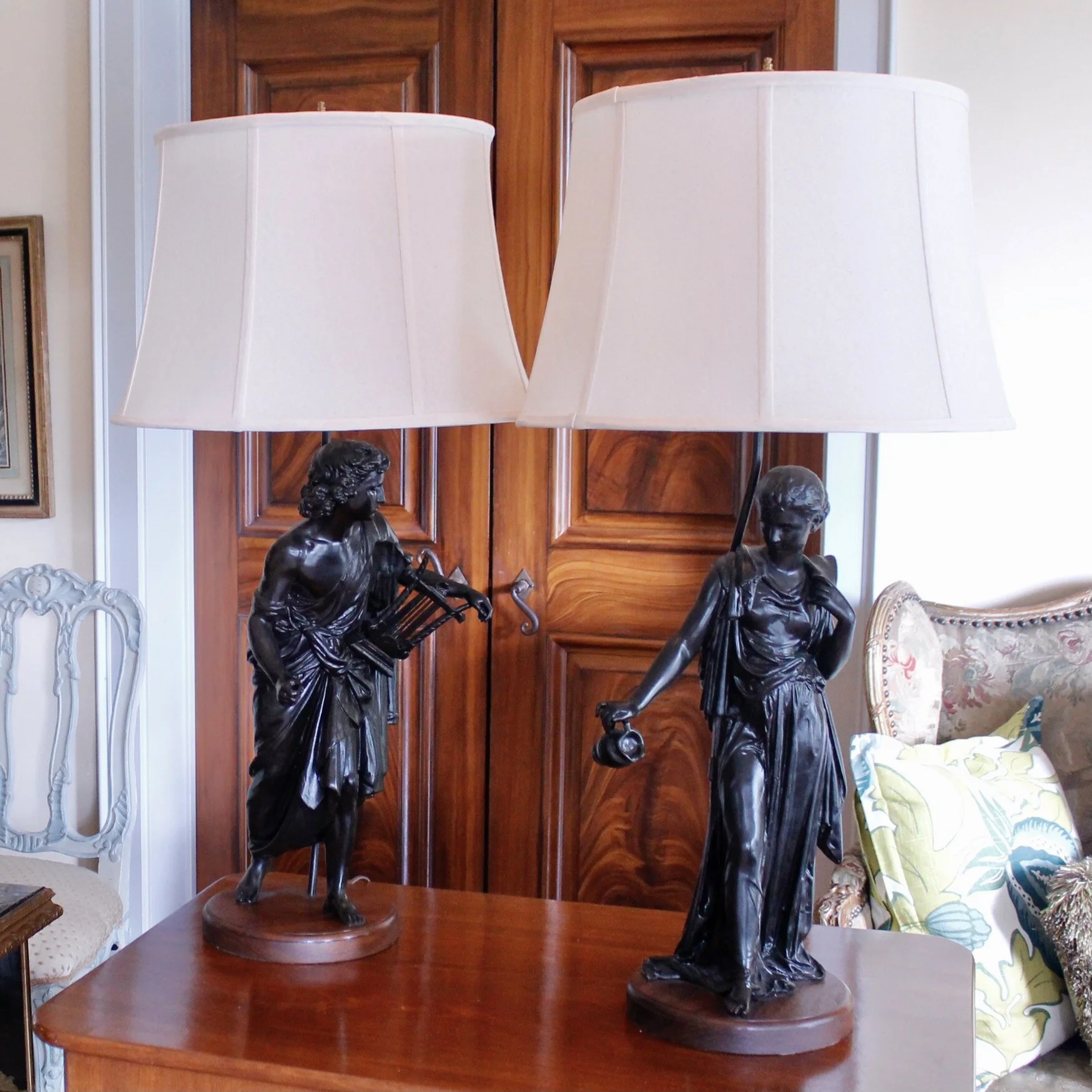Pair of French Neoclassical Figure Lamps on Solid Walnut Plinths