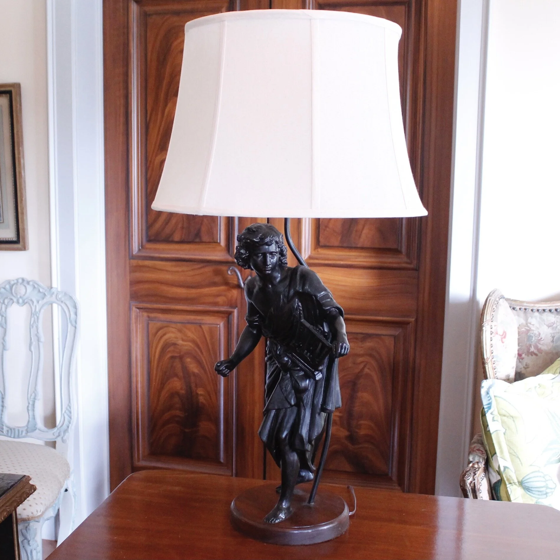 Pair of French Neoclassical Figure Lamps on Solid Walnut Plinths