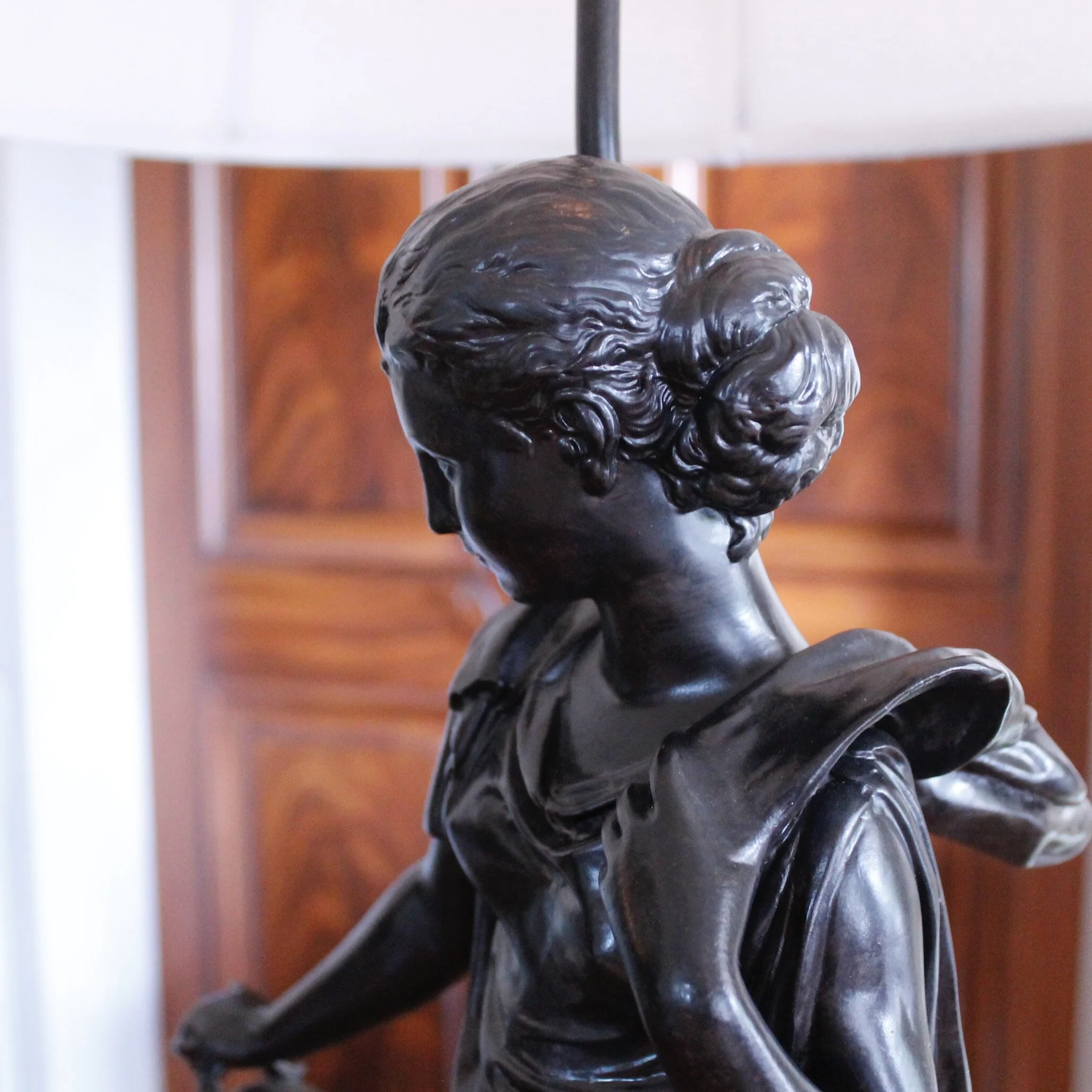 Pair of French Neoclassical Figure Lamps on Solid Walnut Plinths