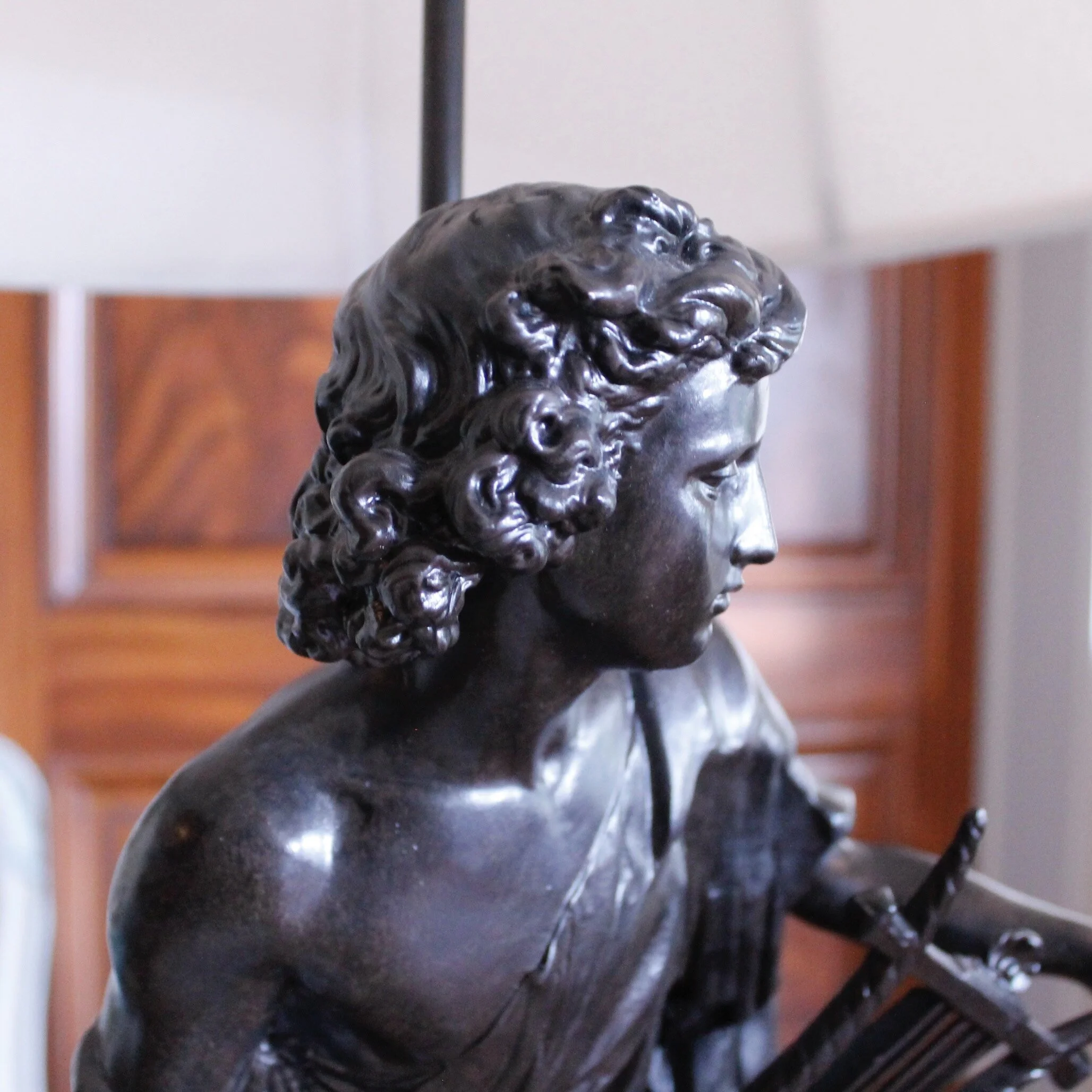 Pair of French Neoclassical Figure Lamps on Solid Walnut Plinths