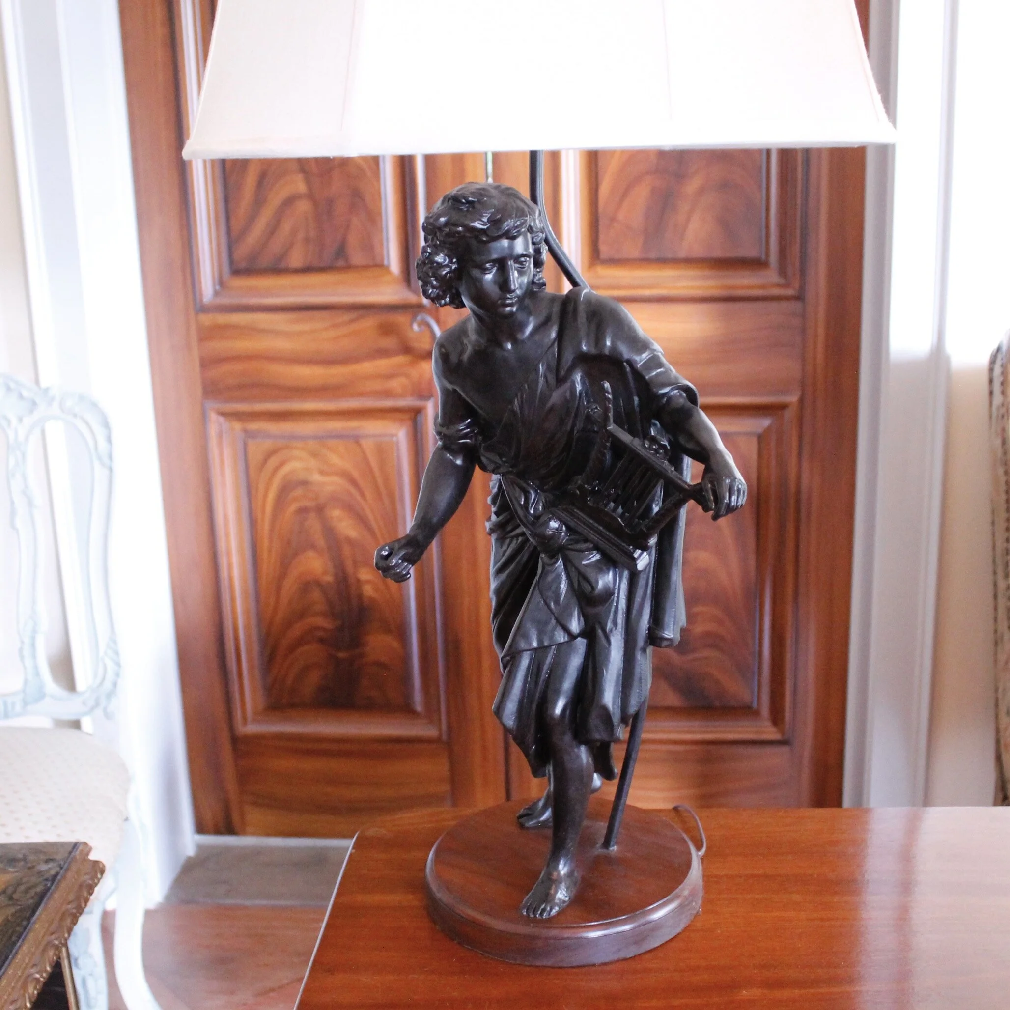 Pair of French Neoclassical Figure Lamps on Solid Walnut Plinths