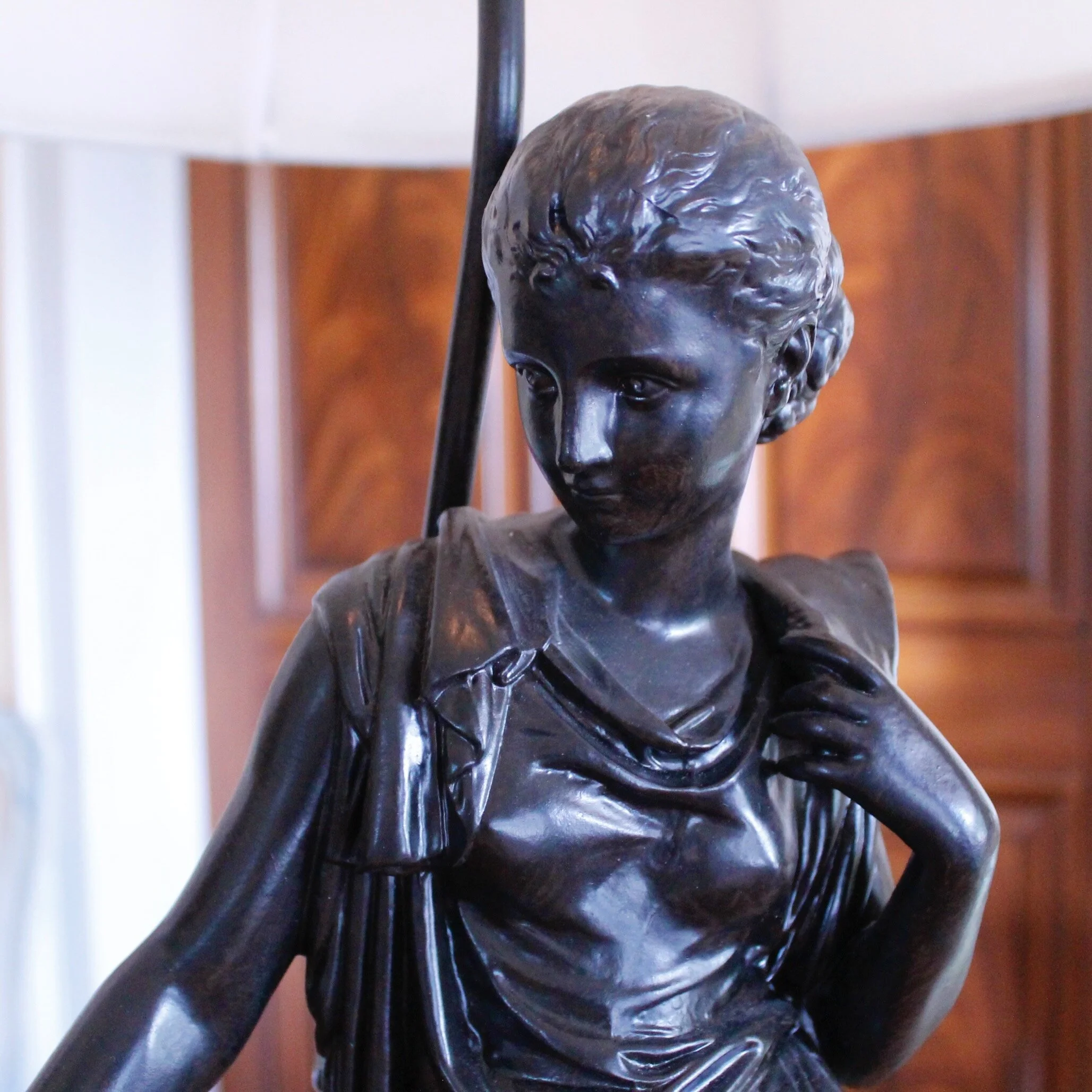 Pair of French Neoclassical Figure Lamps on Solid Walnut Plinths