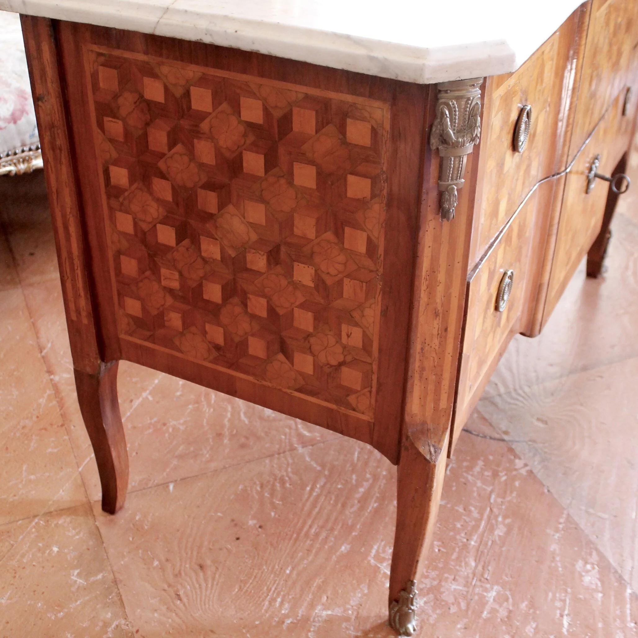 Florette Parquetry Transitional Louis XVI Commode with Marble Top