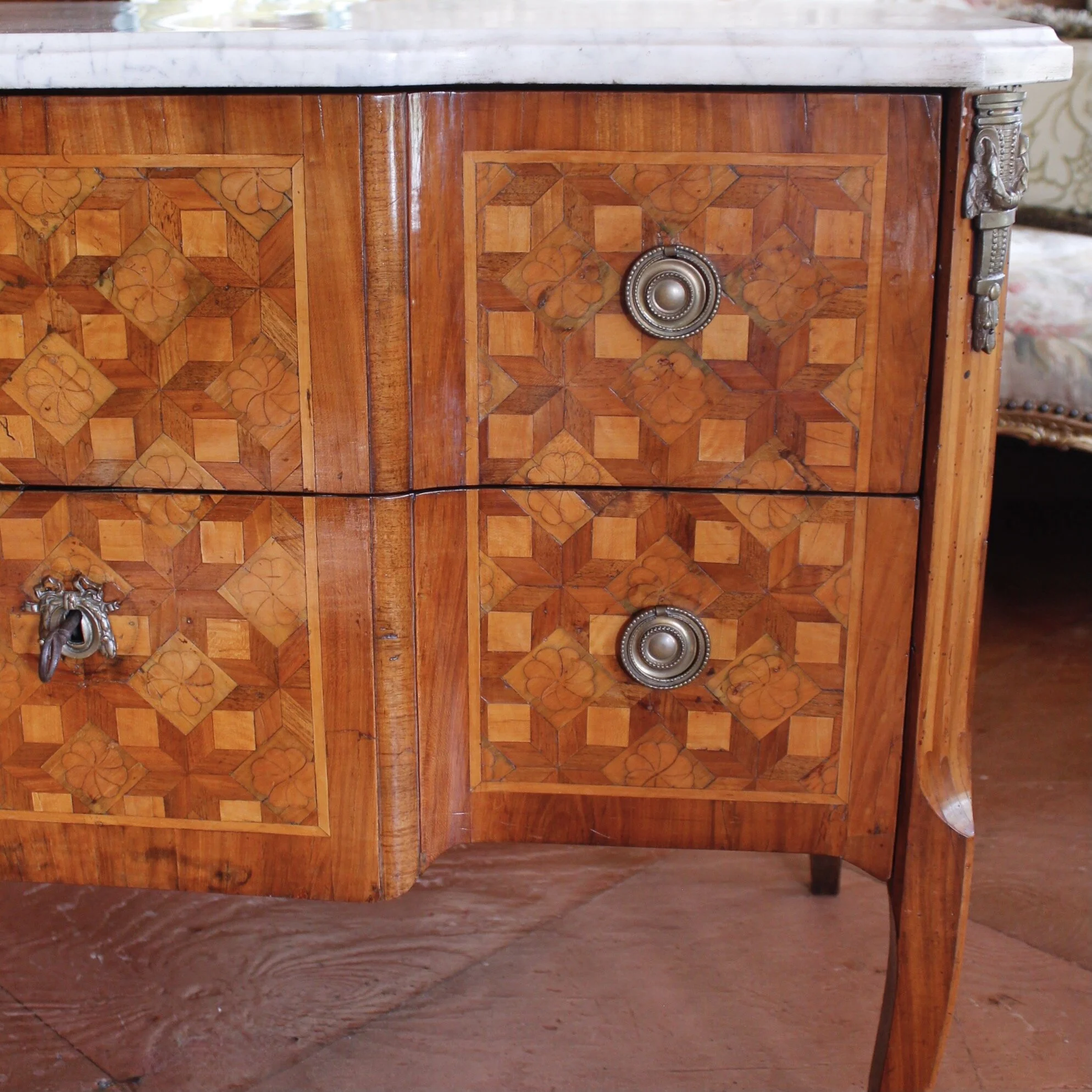 Florette Parquetry Transitional Louis XVI Commode with Marble Top