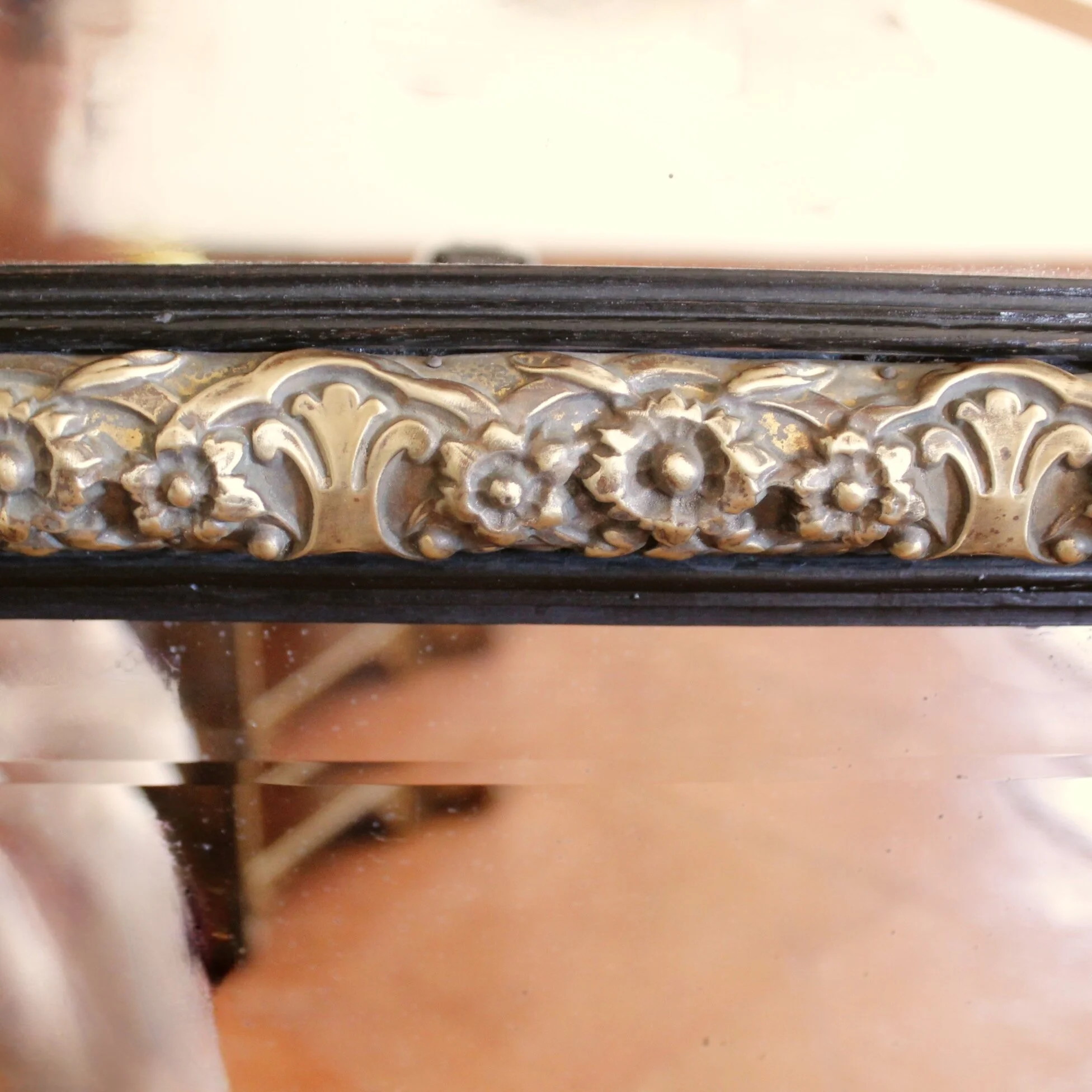Continental Baroque Style Cushion Mirror with Brass Repoussé Mounts