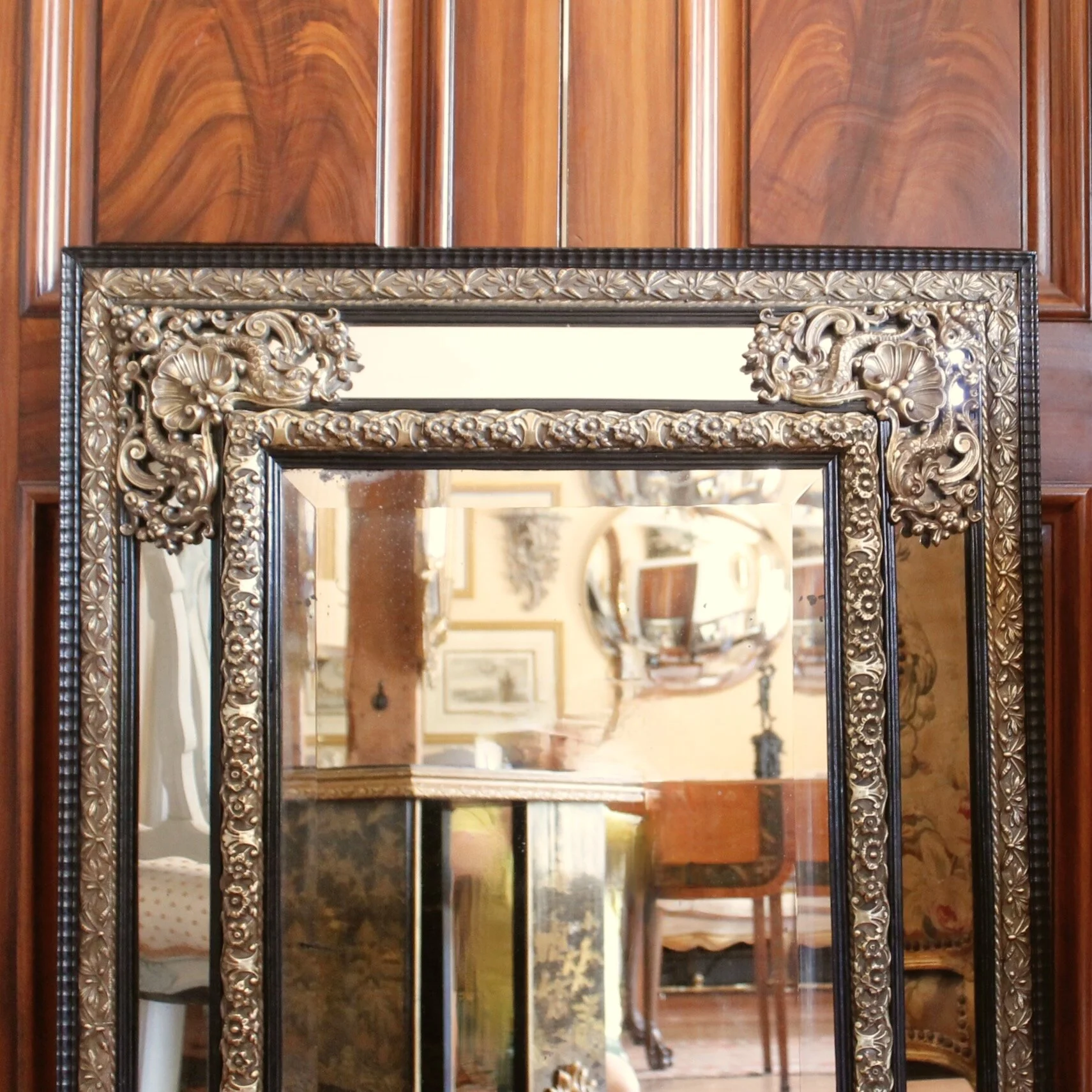 Continental Baroque Style Cushion Mirror with Brass Repoussé Mounts