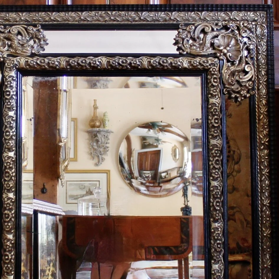 Continental Baroque Style Cushion Mirror with Brass Repoussé Mounts