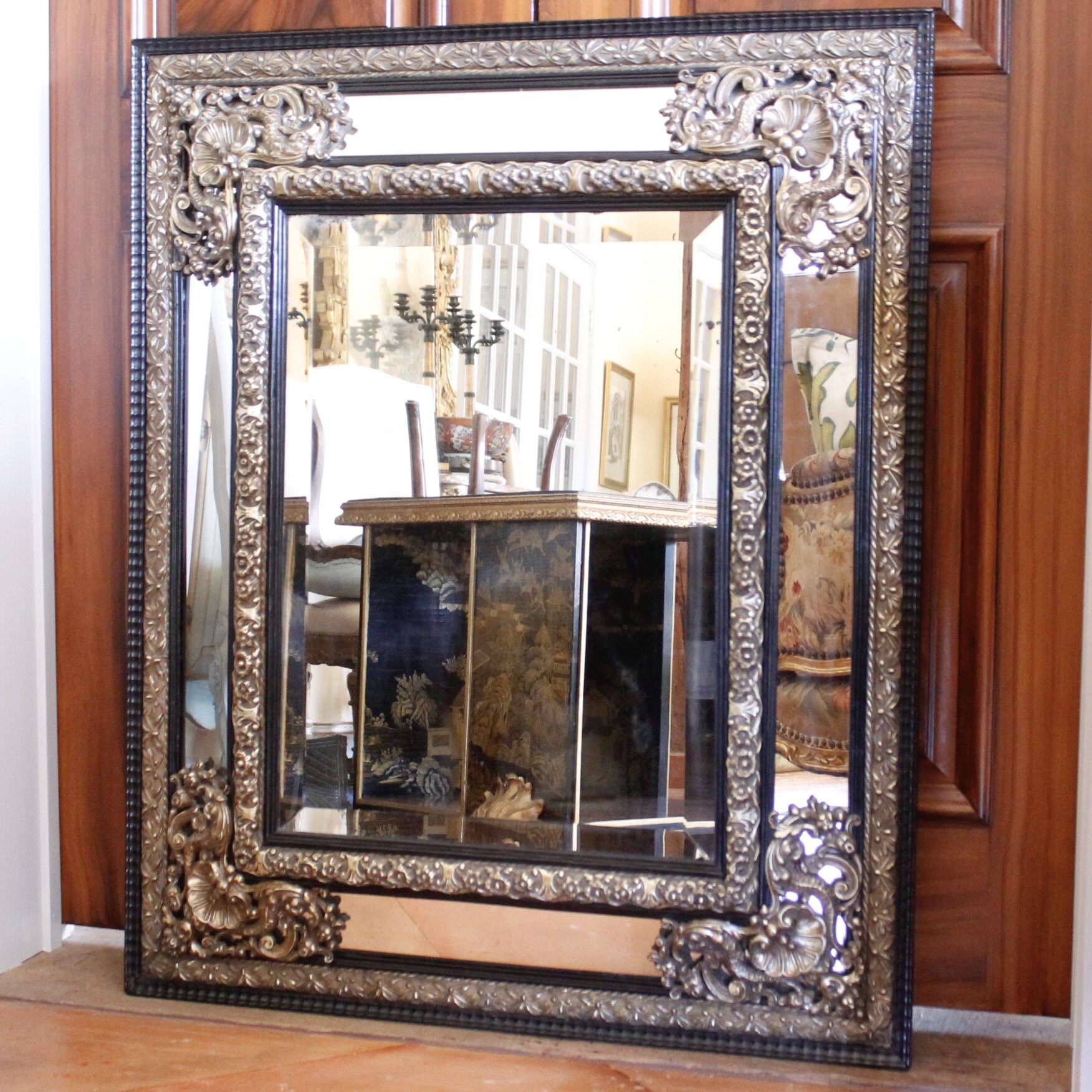 Continental Baroque Style Cushion Mirror with Brass Repoussé Mounts