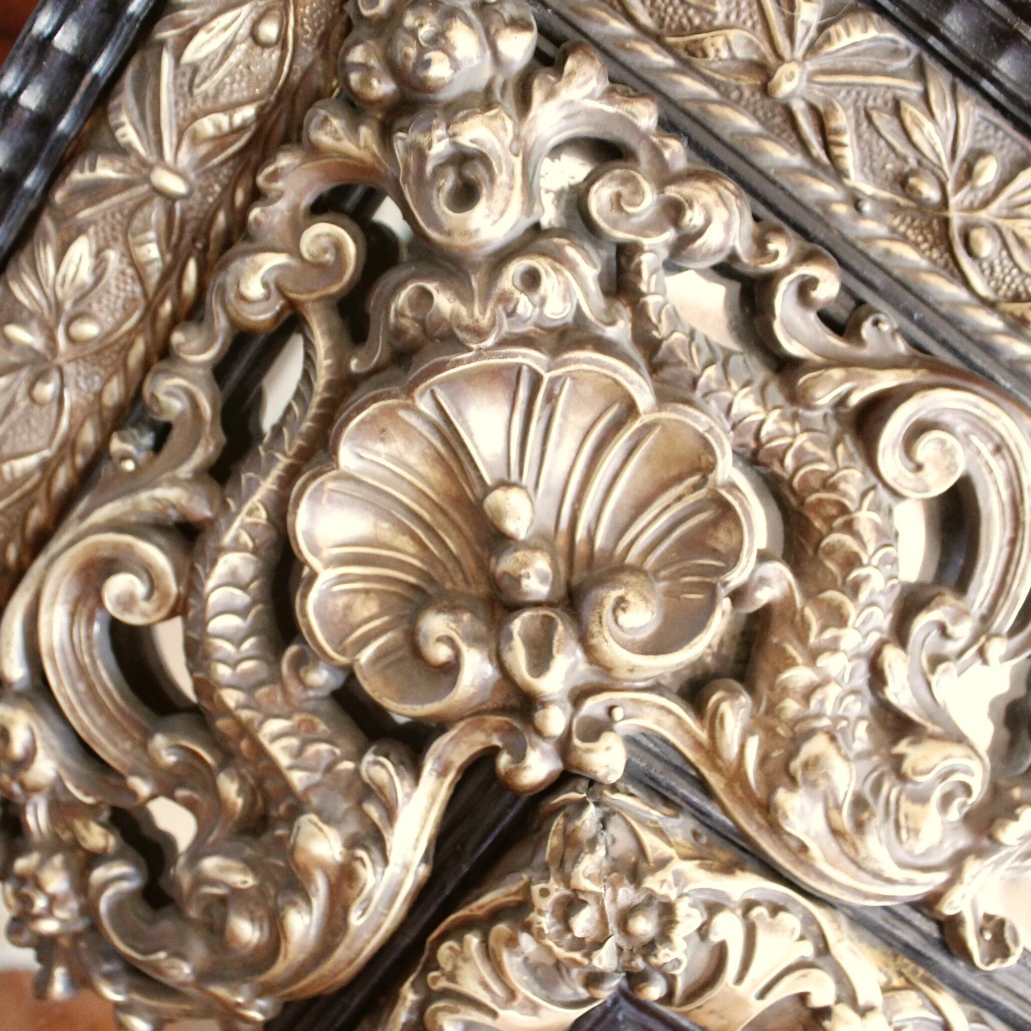 Continental Baroque Style Cushion Mirror with Brass Repoussé Mounts