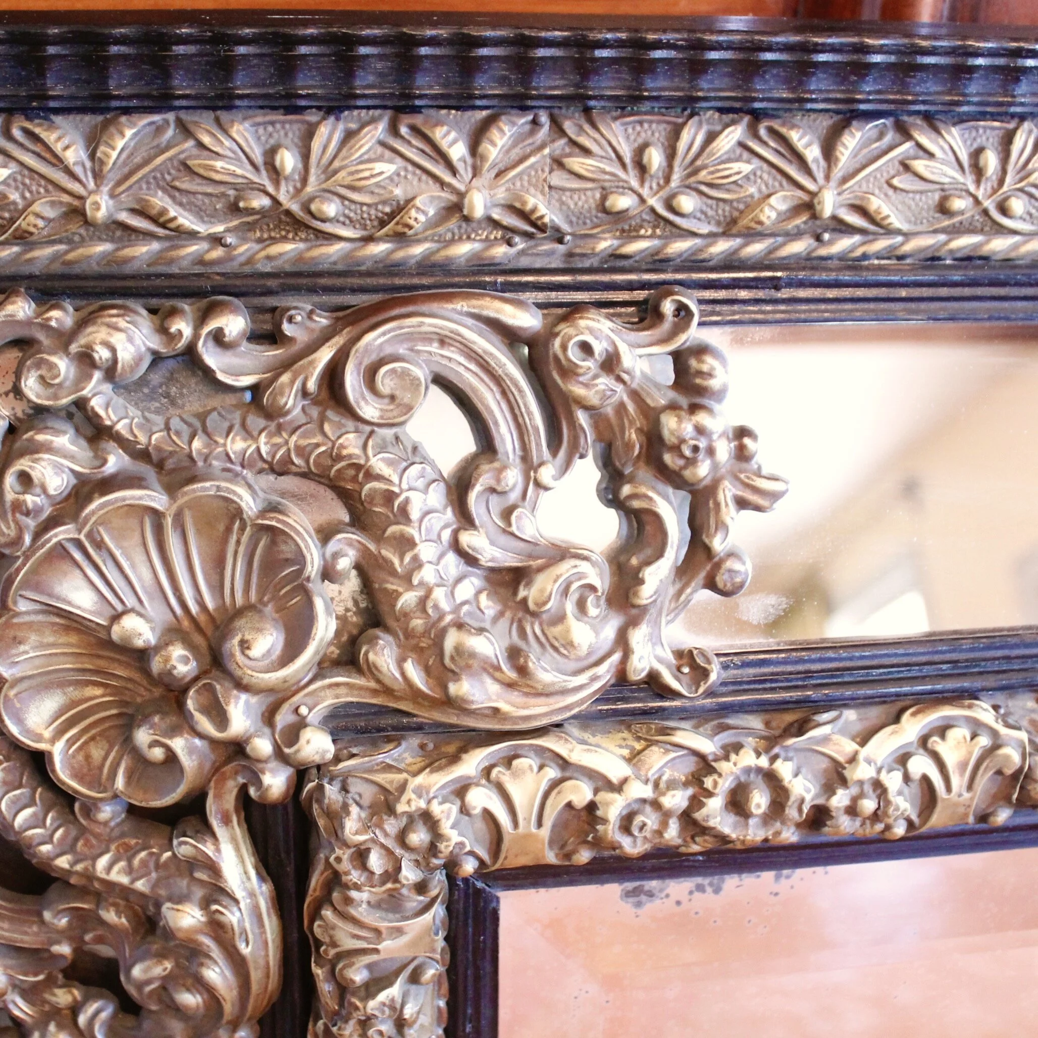 Continental Baroque Style Cushion Mirror with Brass Repoussé Mounts