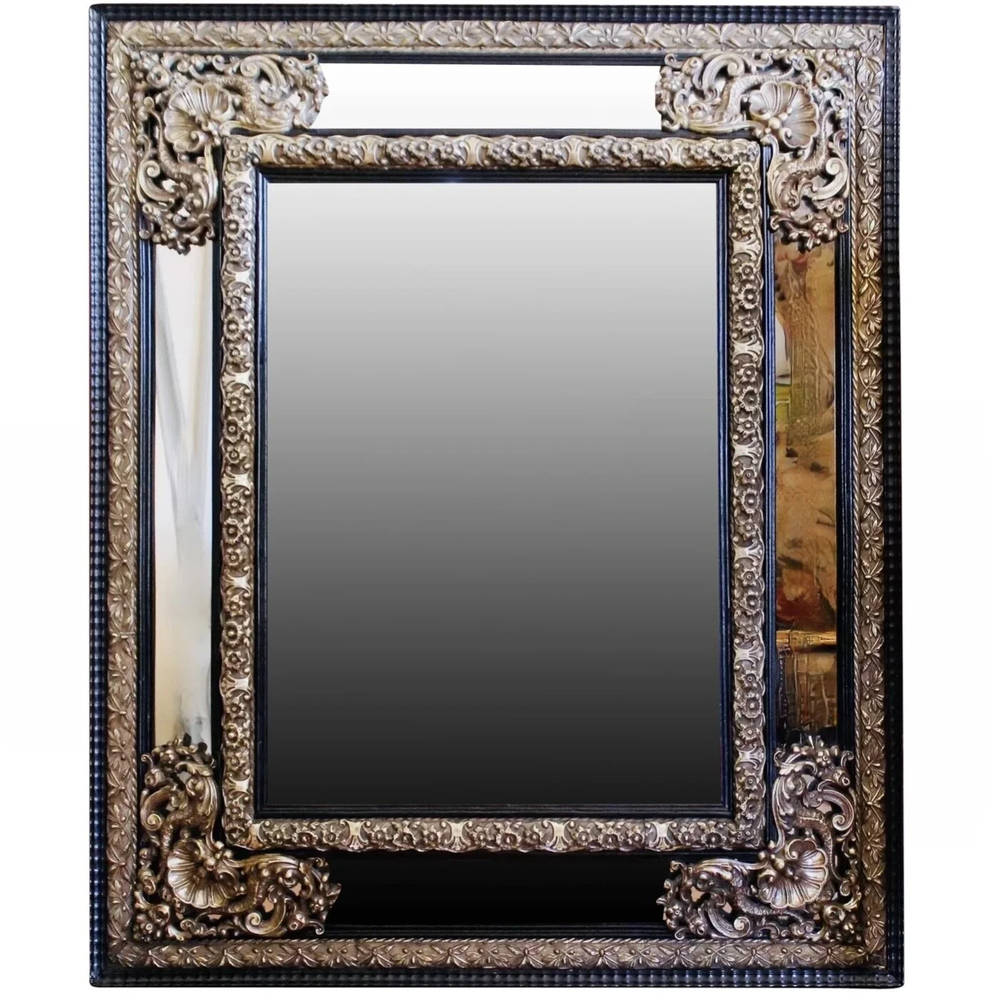 Continental Baroque Style Cushion Mirror with Brass Repoussé Mounts