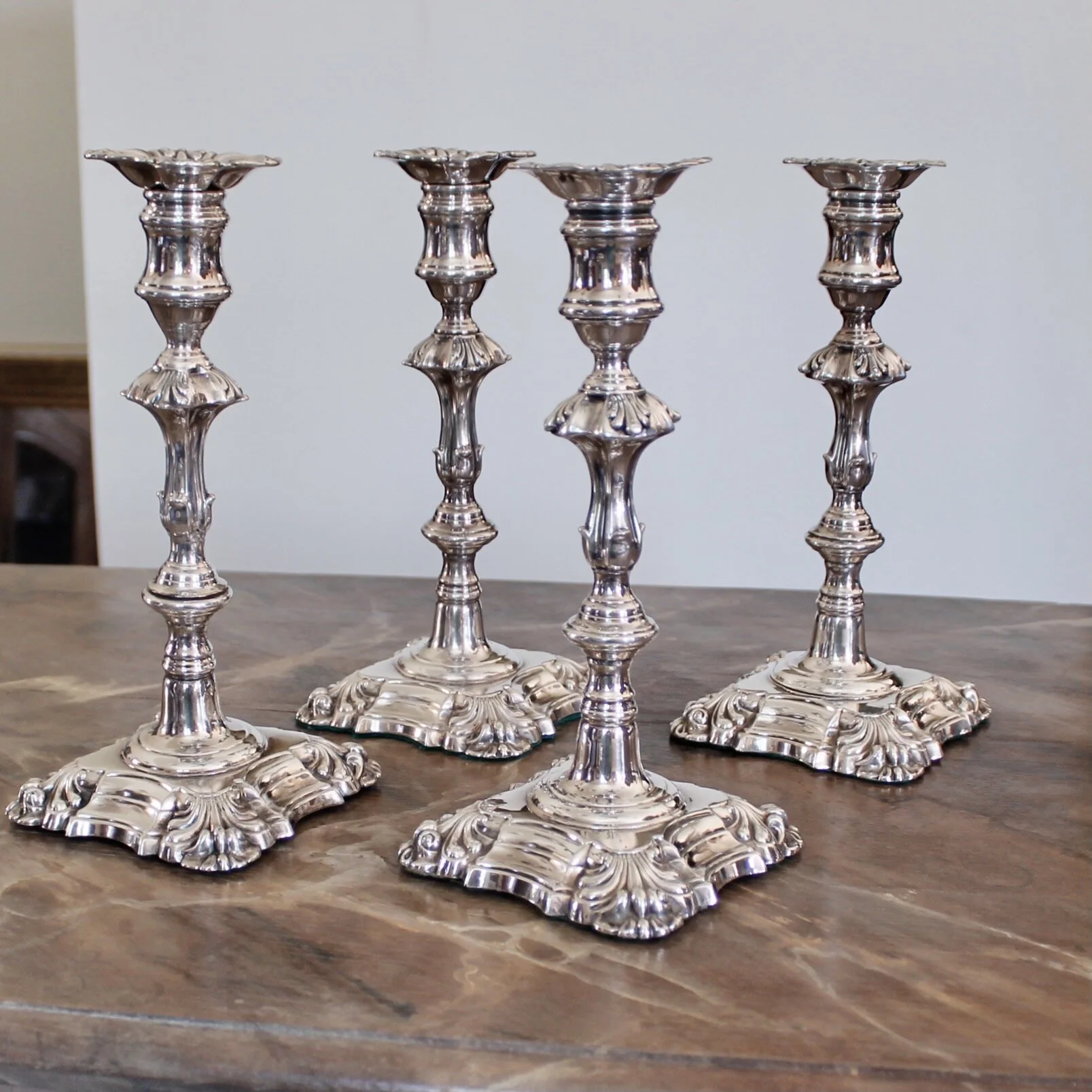 Set of Four George II Style English Silver Plate Candlesticks, John Cafe