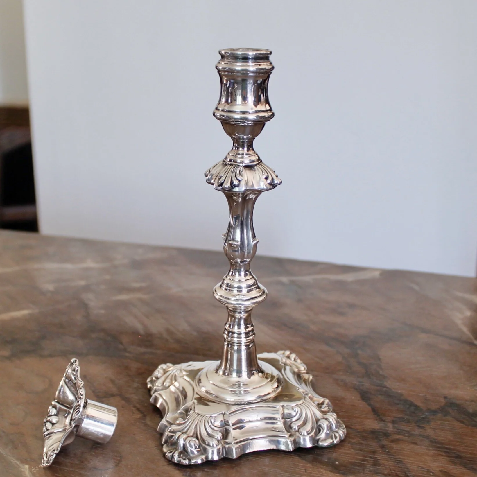 Set of Four George II Style English Silver Plate Candlesticks, John Cafe