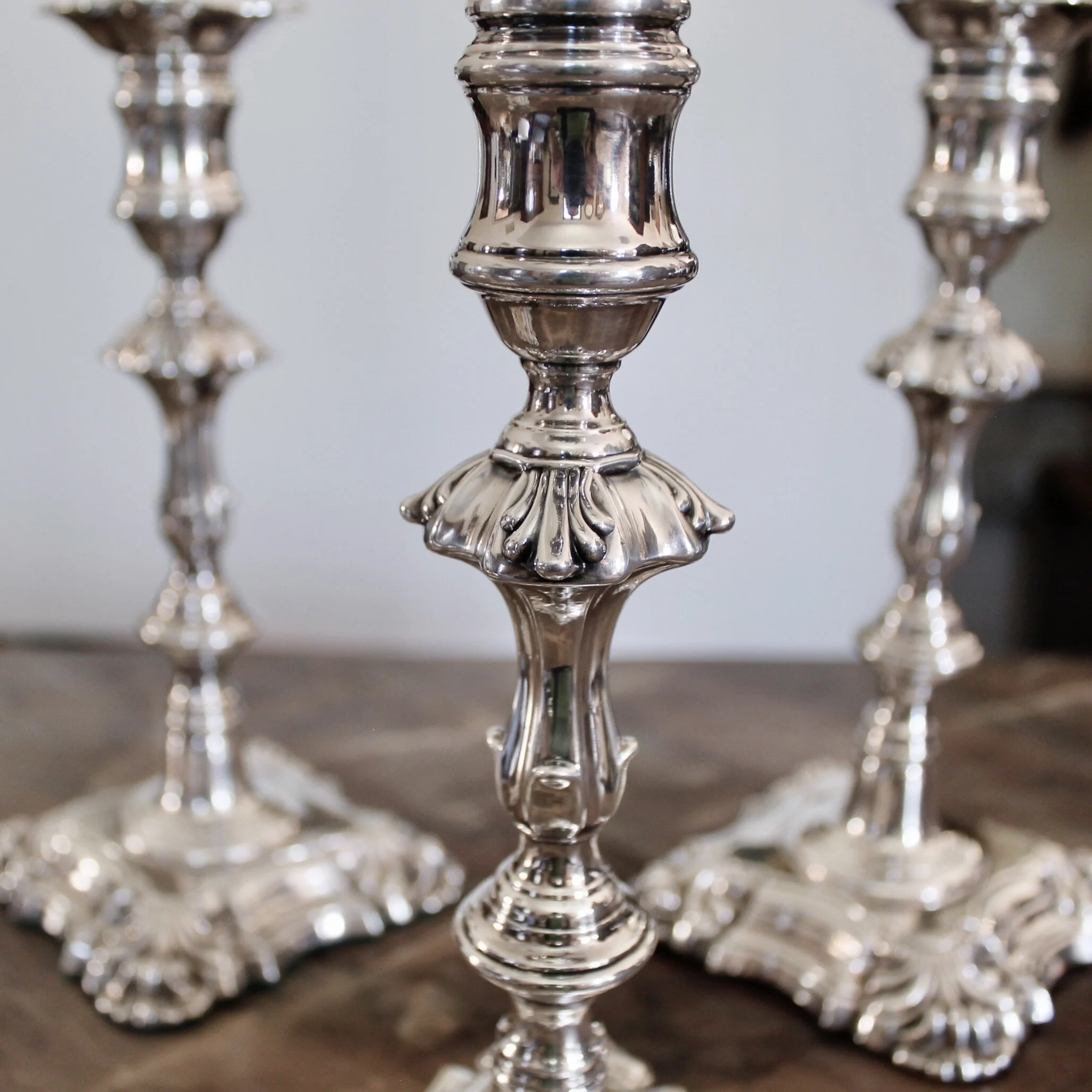 Set of Four George II Style English Silver Plate Candlesticks, John Cafe