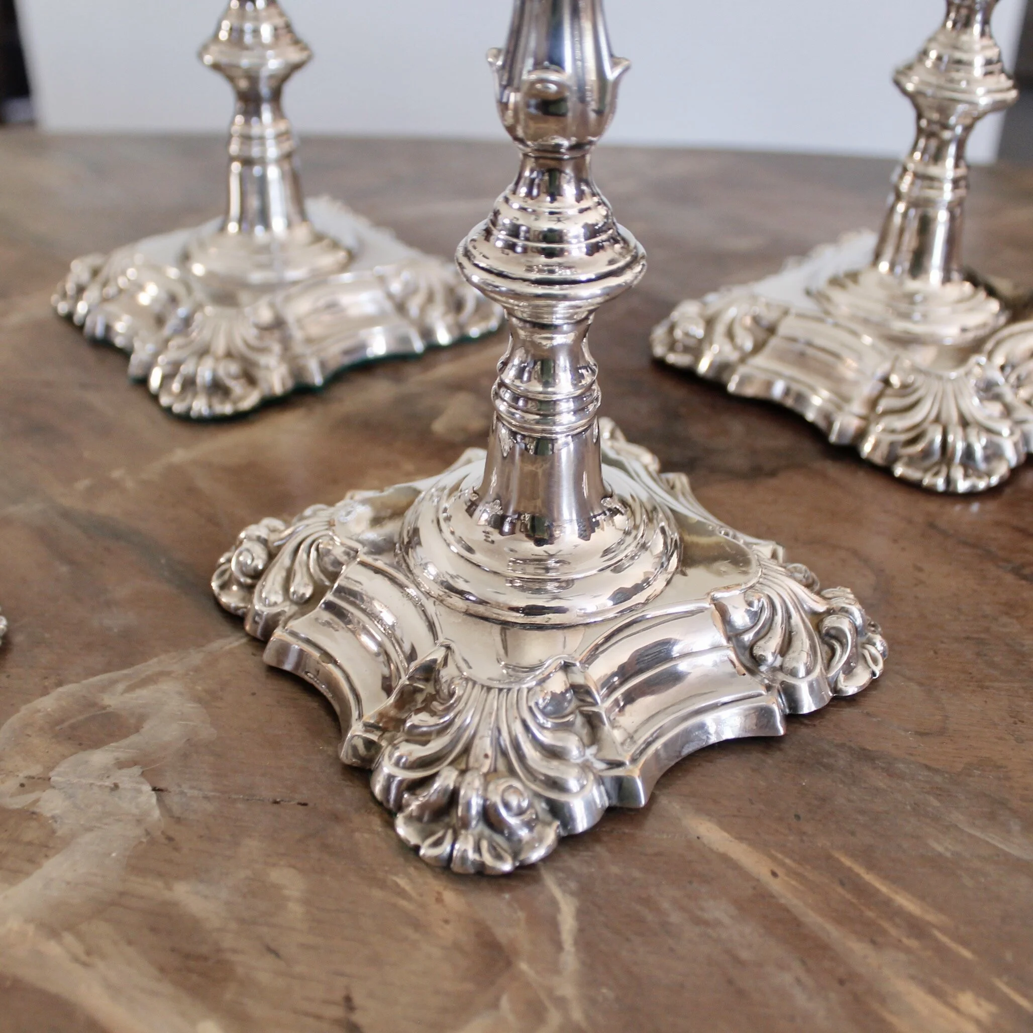 Set of Four George II Style English Silver Plate Candlesticks, John Cafe