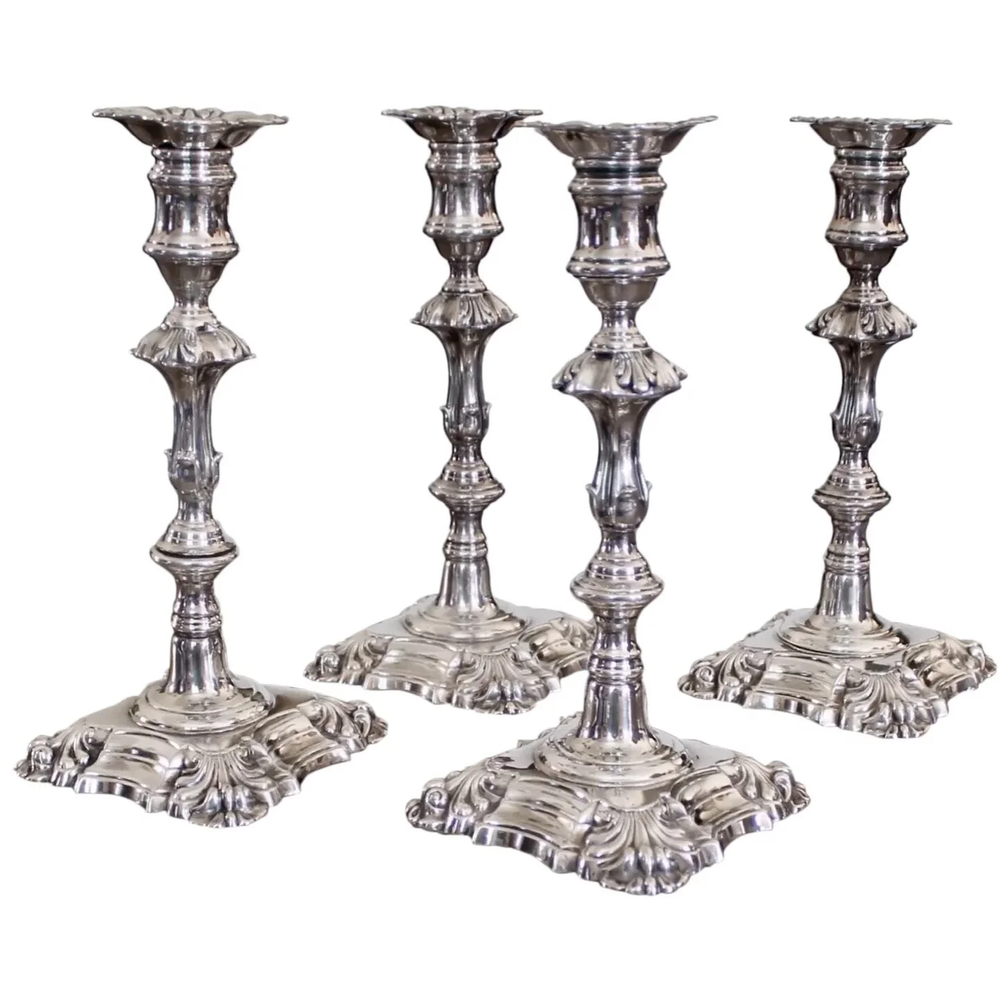 Set of Four George II Style English Silver Plate Candlesticks