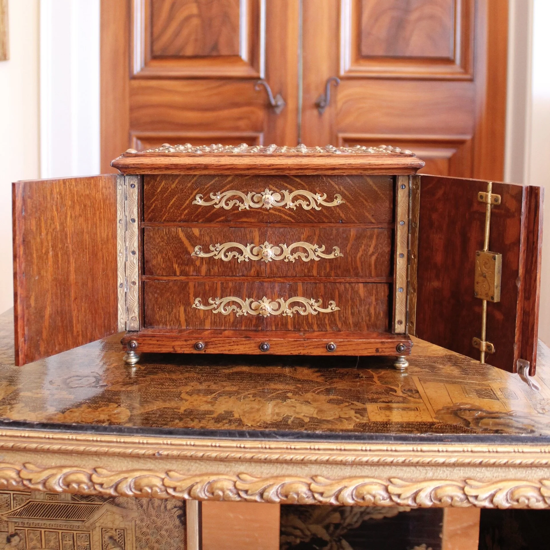 English Victorian Brass Mounted Jewelry Box / Strong Box, 19th Century