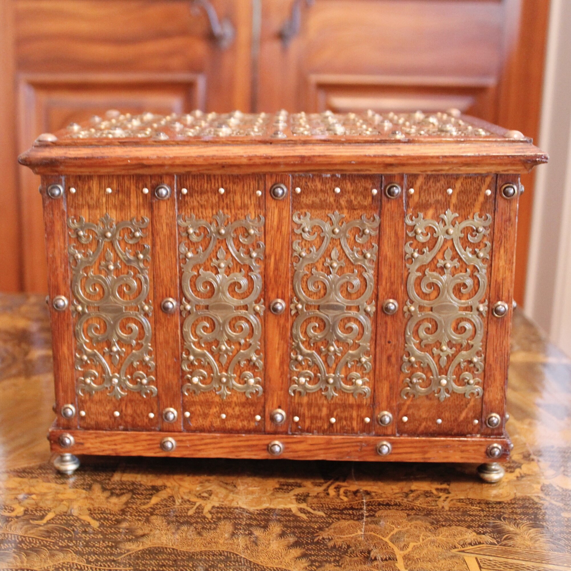 English Victorian Brass Mounted Jewelry Box / Strong Box, 19th Century